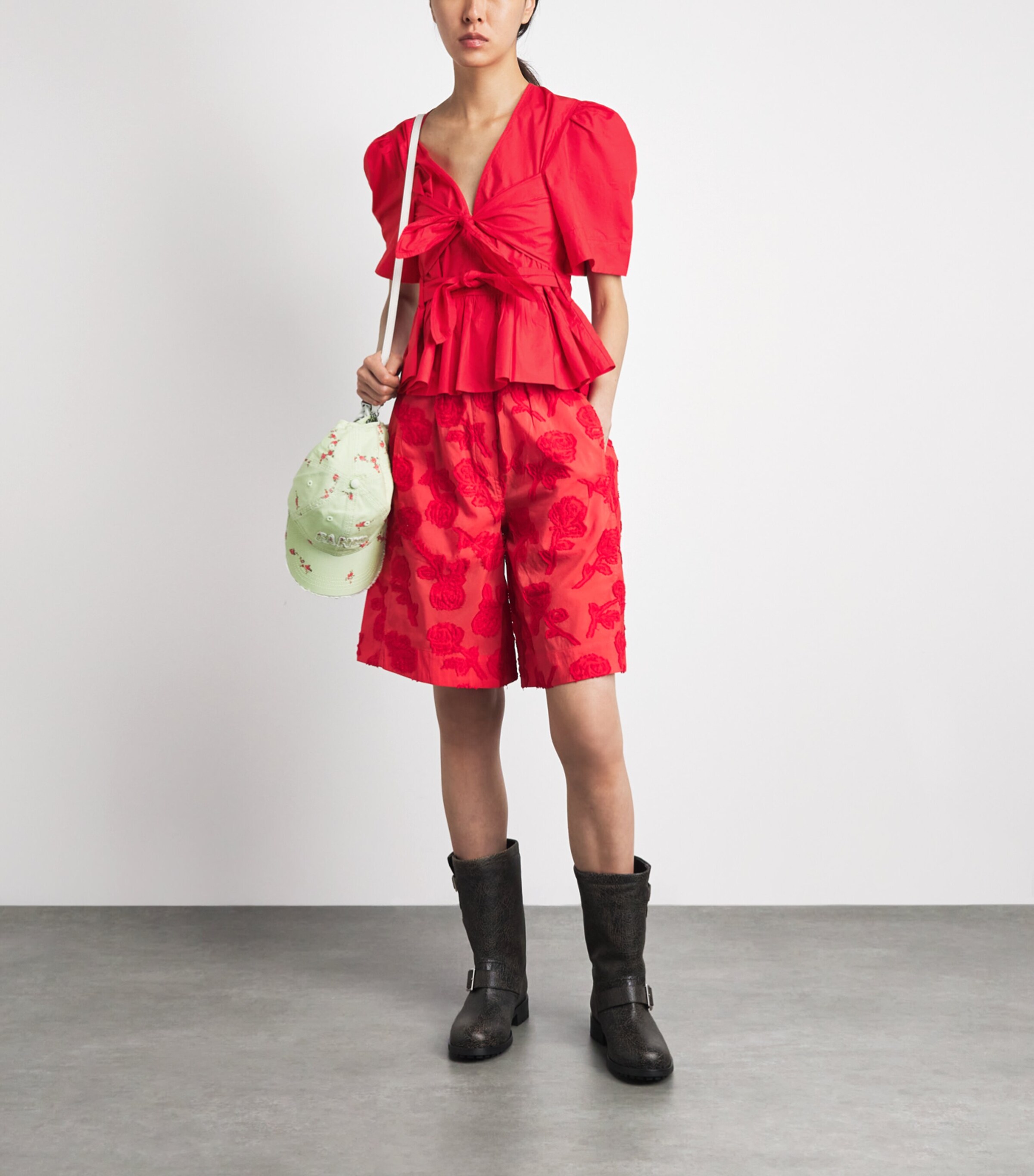 GANNI Womens Cotton Bow-Detail Blouse Racing Red Image 2