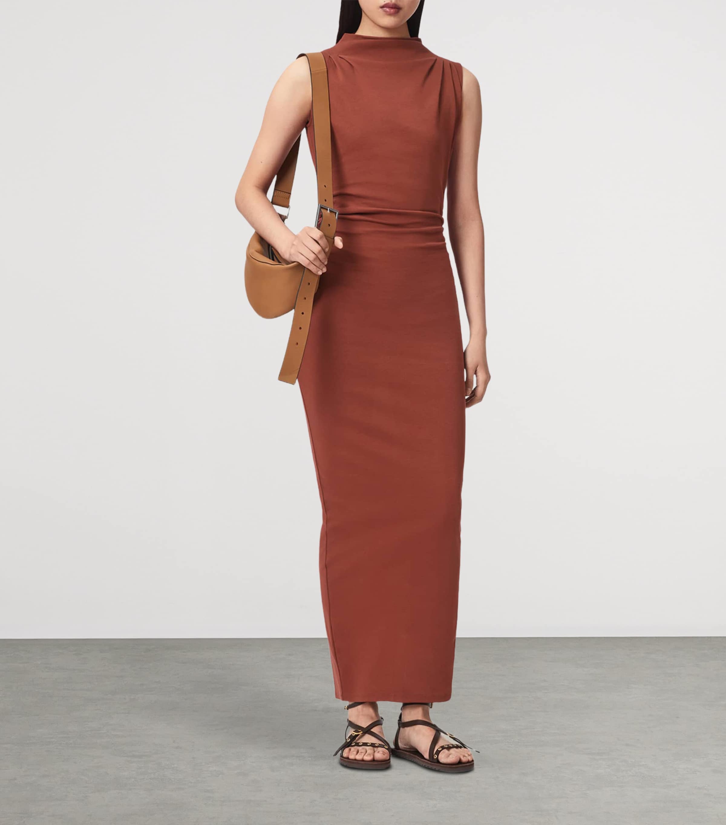 AllSaints Womens Stretch-Cotton Katarina Maxi Dress Rust Brown Image 2