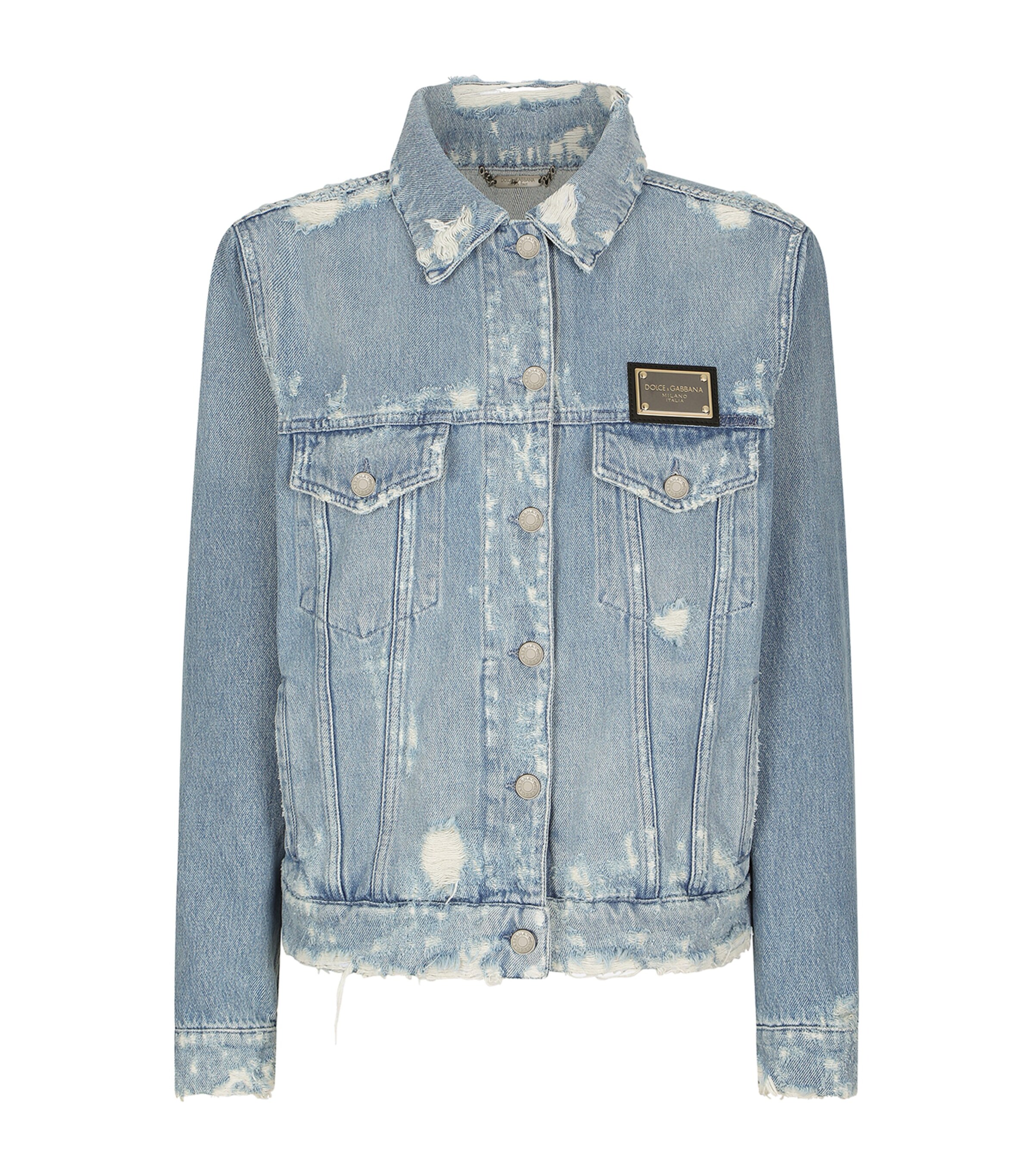 Dolce & Gabbana Logo Plaque Ripped Denim Jacket