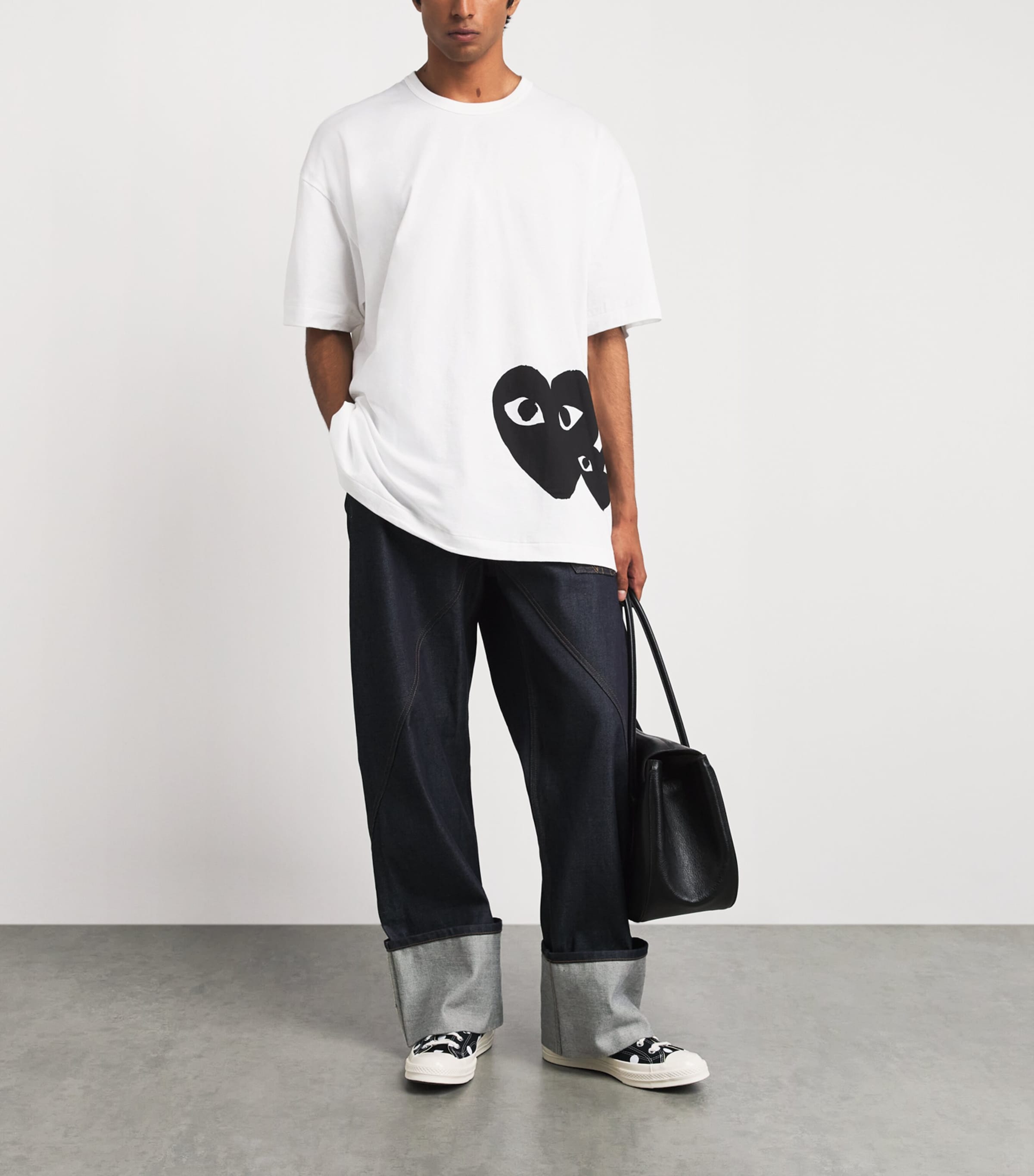 Comme Des Garçons Mens Cotton Oversized Double Heart T-Shirt White/black Image 2