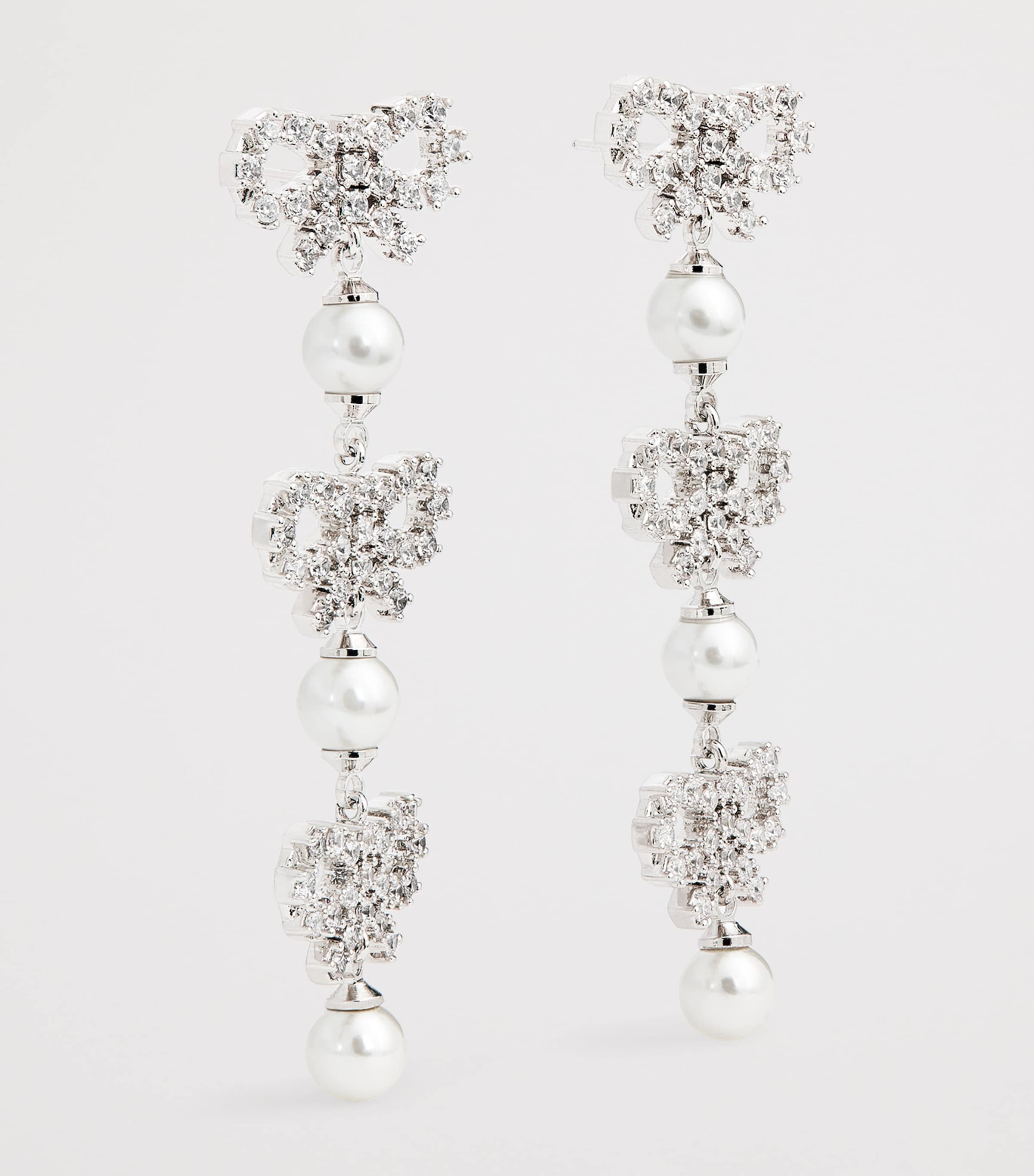 Self-Portrait Crystal and Faux Pearl Bow Tiered Earrings Pearl Image 3