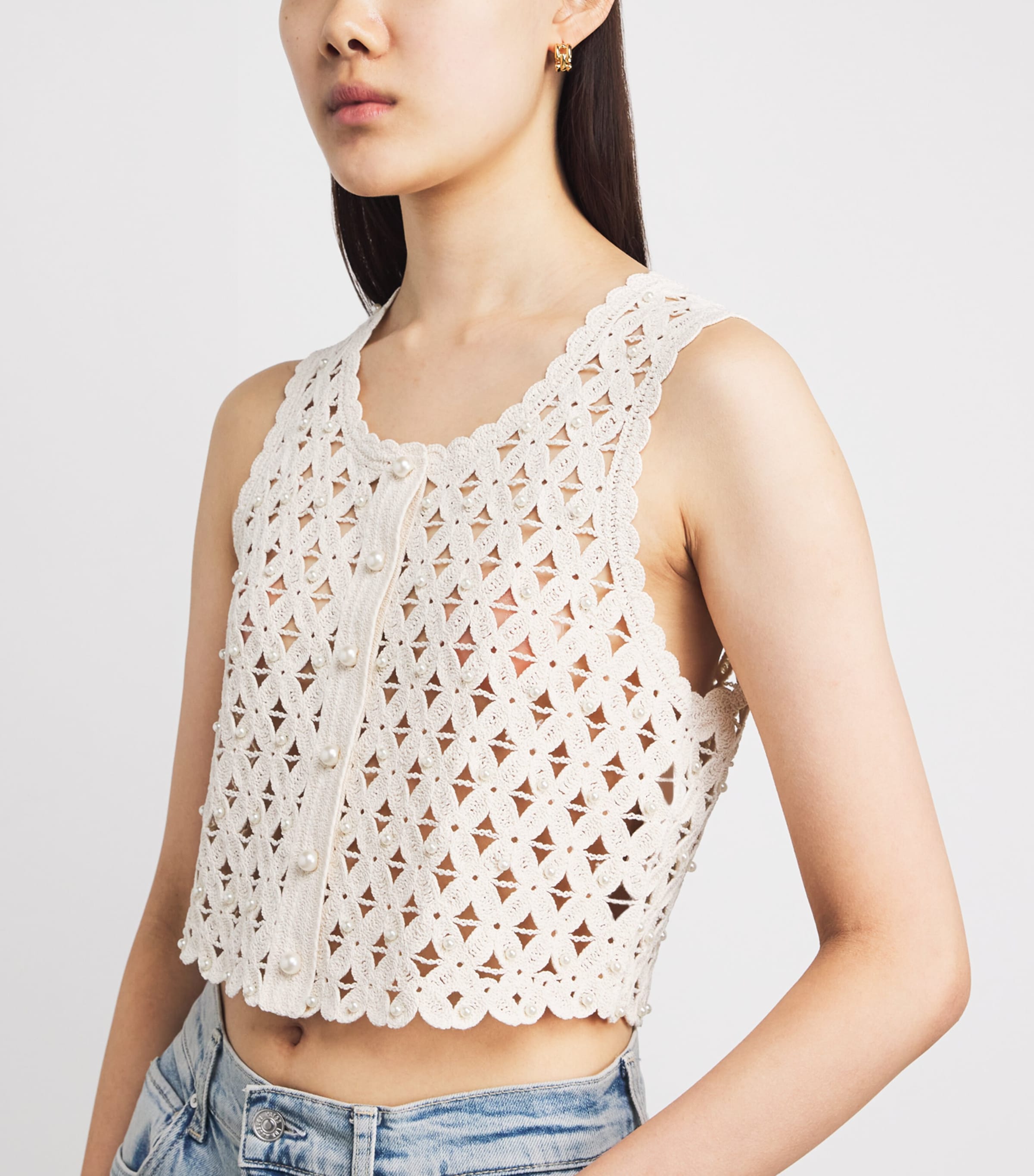 Sandro Paris Womens Crochet Embellished Top Ecru Image 3