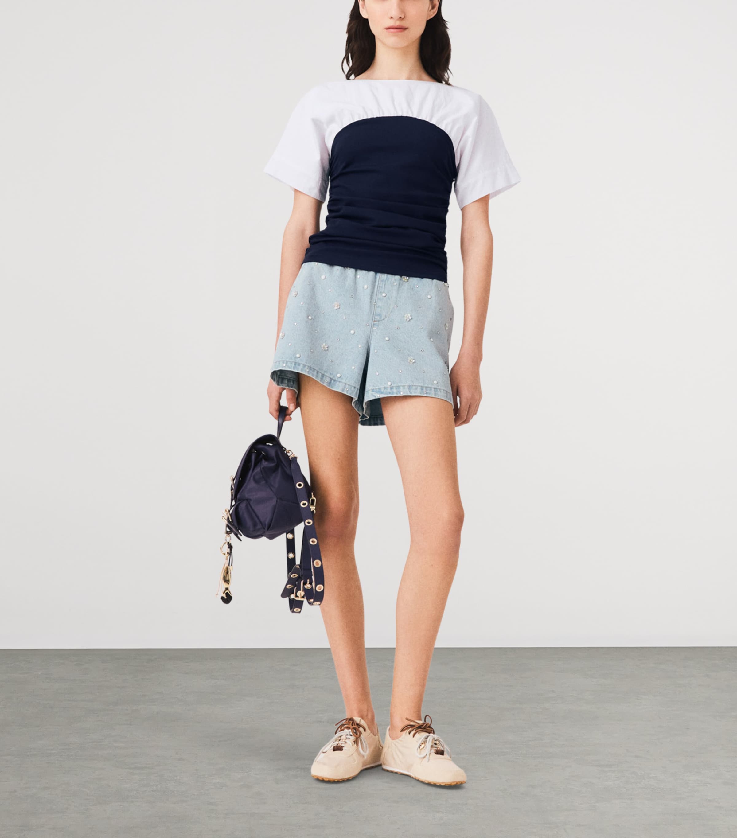 Maje Womens Cotton Gathered T-Shirt White/navy Image 2