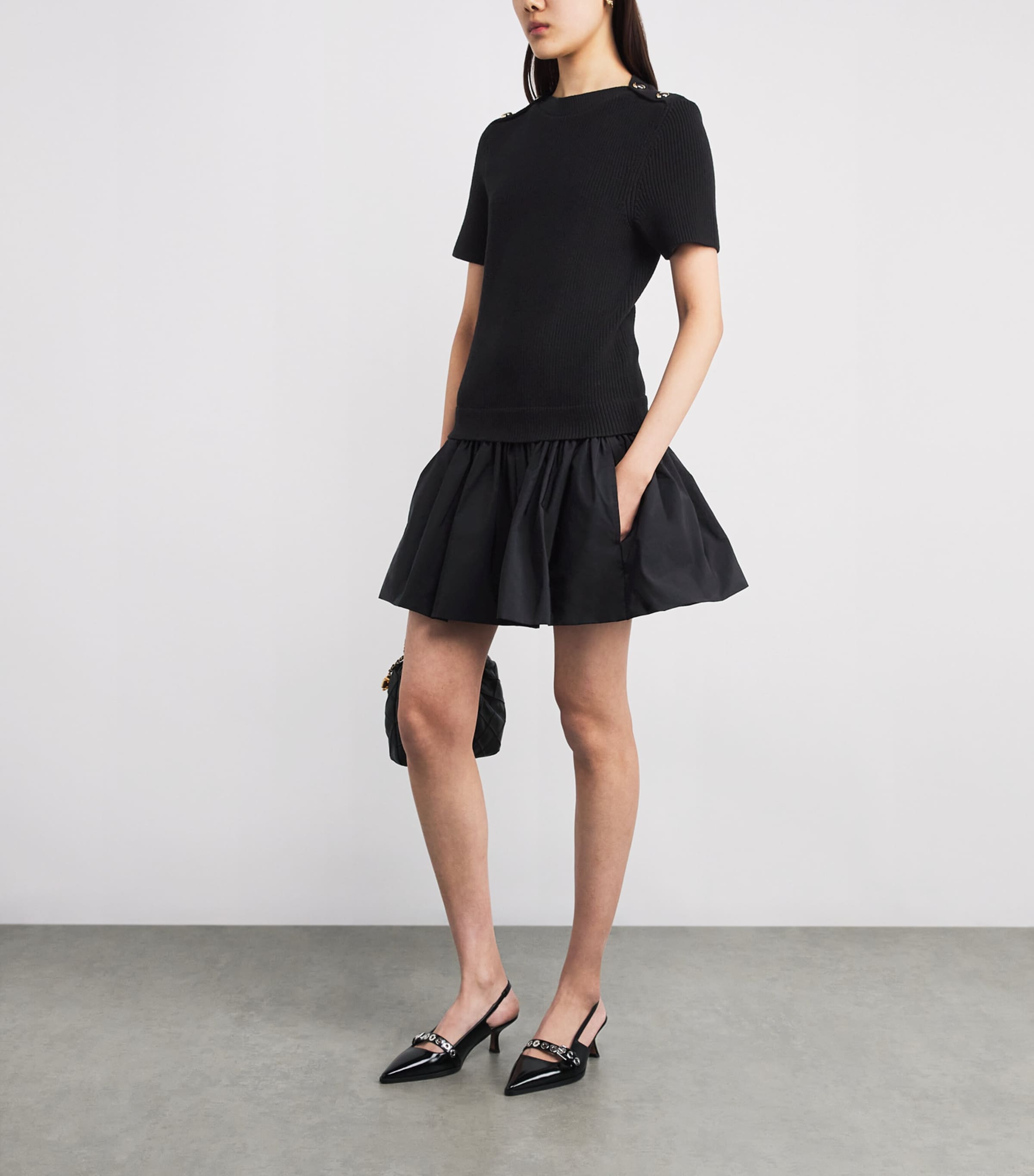 Cotton-Blend Rib Knit and Taffeta Mini Dress BLACK Image 2