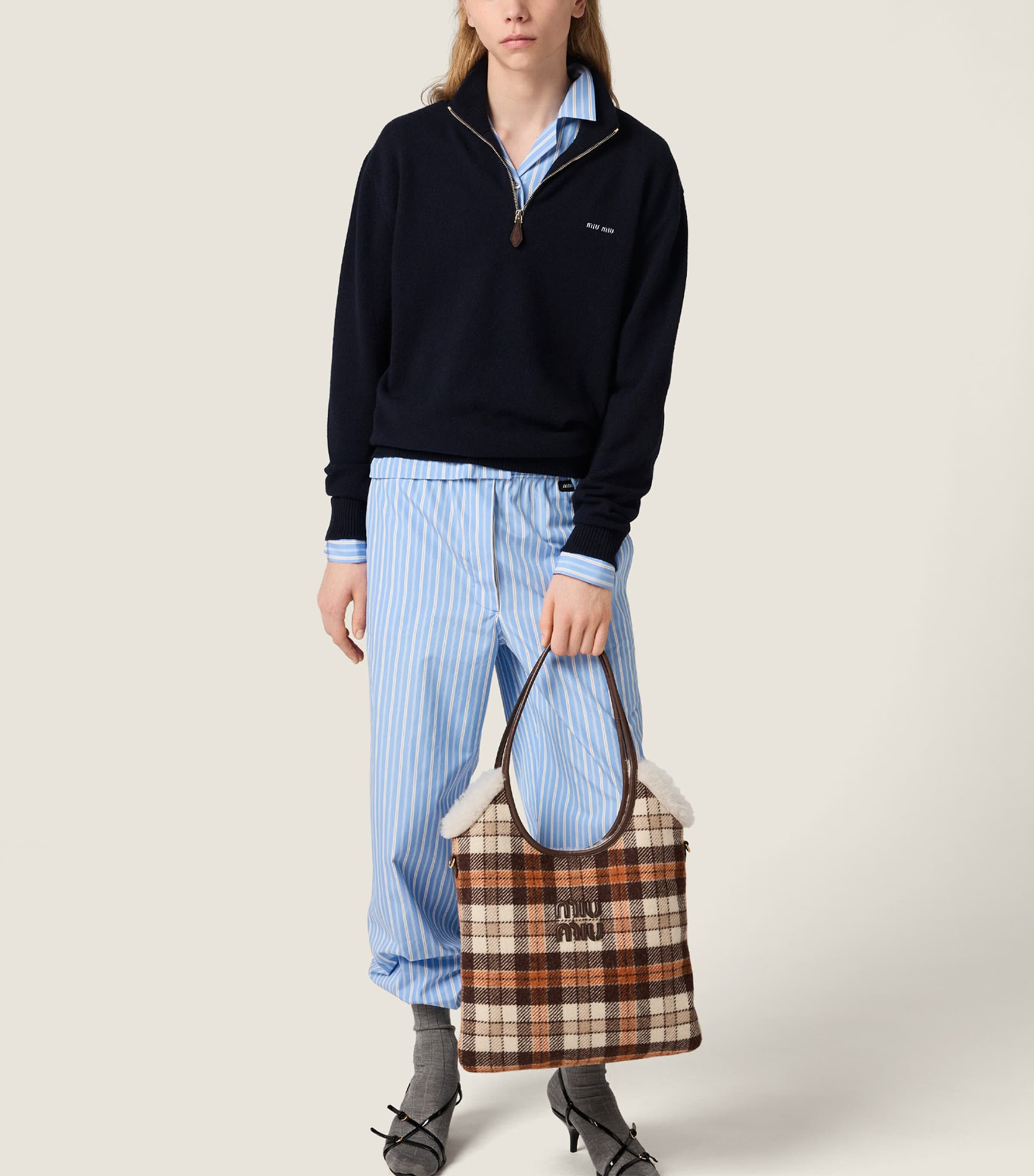 Shearling-Trim Plaid Ivy Tote Bag F0Z0F Image 2