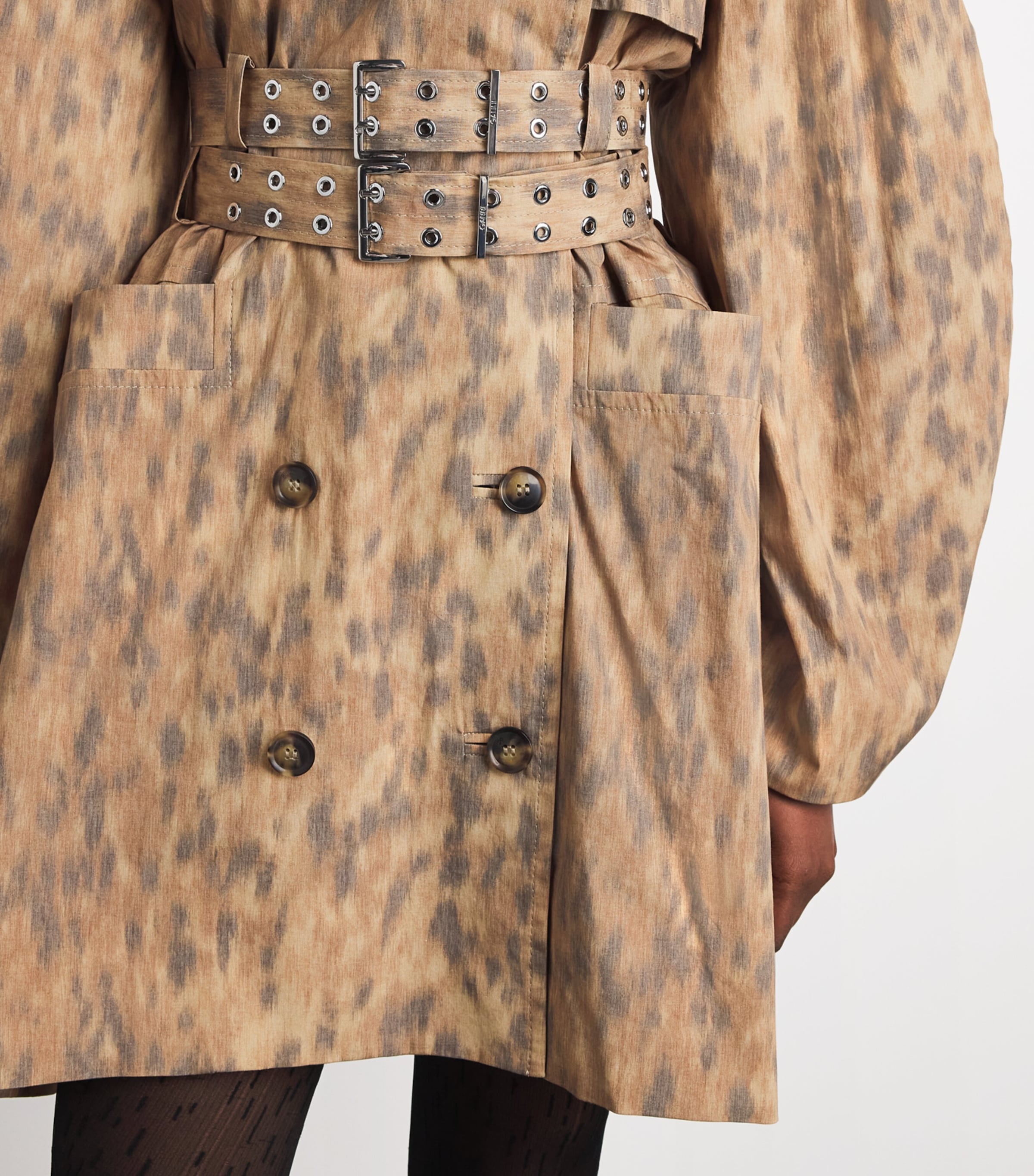 GANNI Womens Stretch-Cotton Leopard Print Belted Trench Coat Zzt Burro Image 5