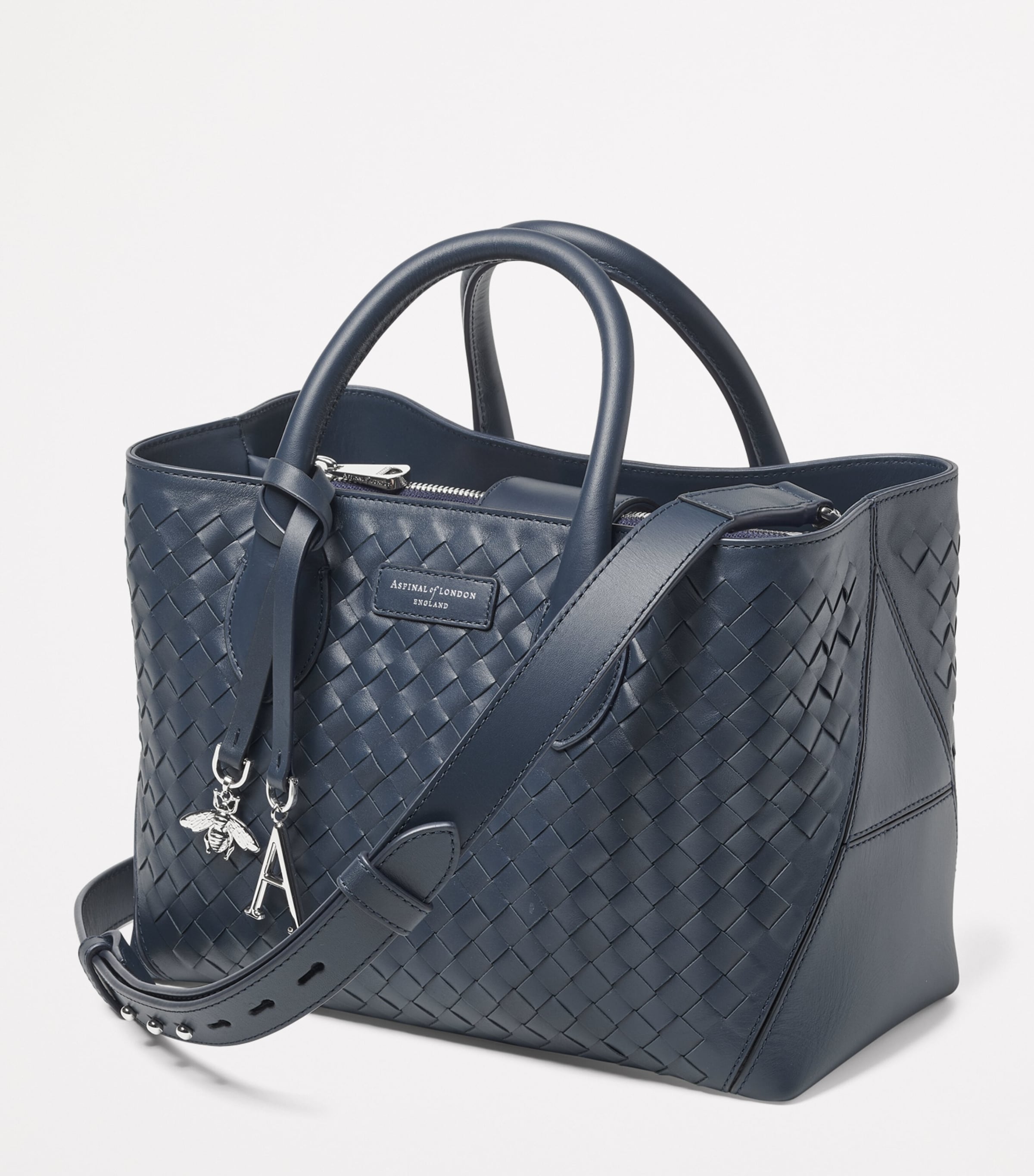 Aspinal Of London Midi Woven Leather London Tote Bag Navy Image 2
