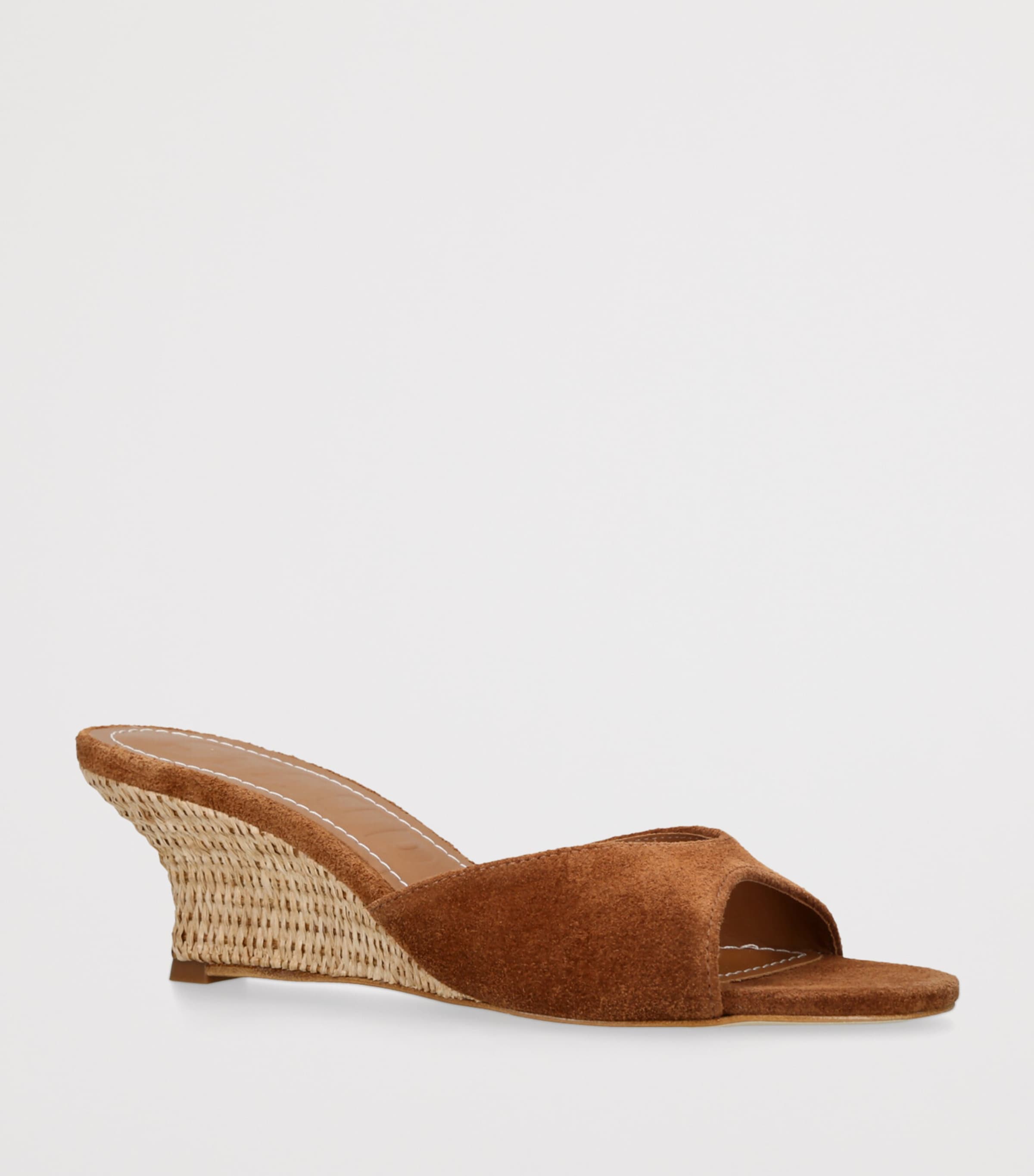 STAUD Suede-Raffia Brigitte Wedge Sandals 60 Tan Comb Image 3