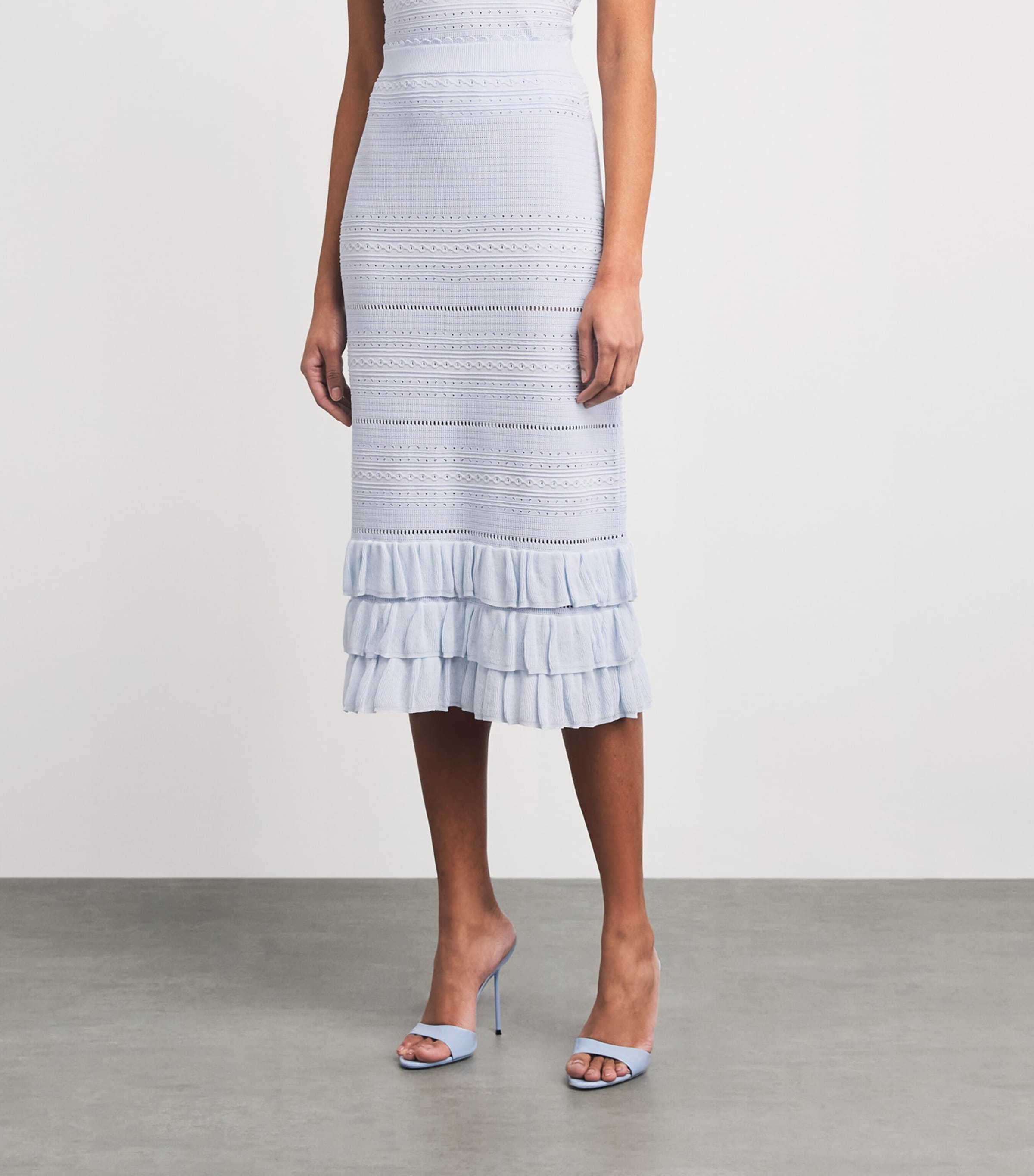 Maje Womens Ruffled Pointelle-Knit Midi Skirt Blue Sky Image 4