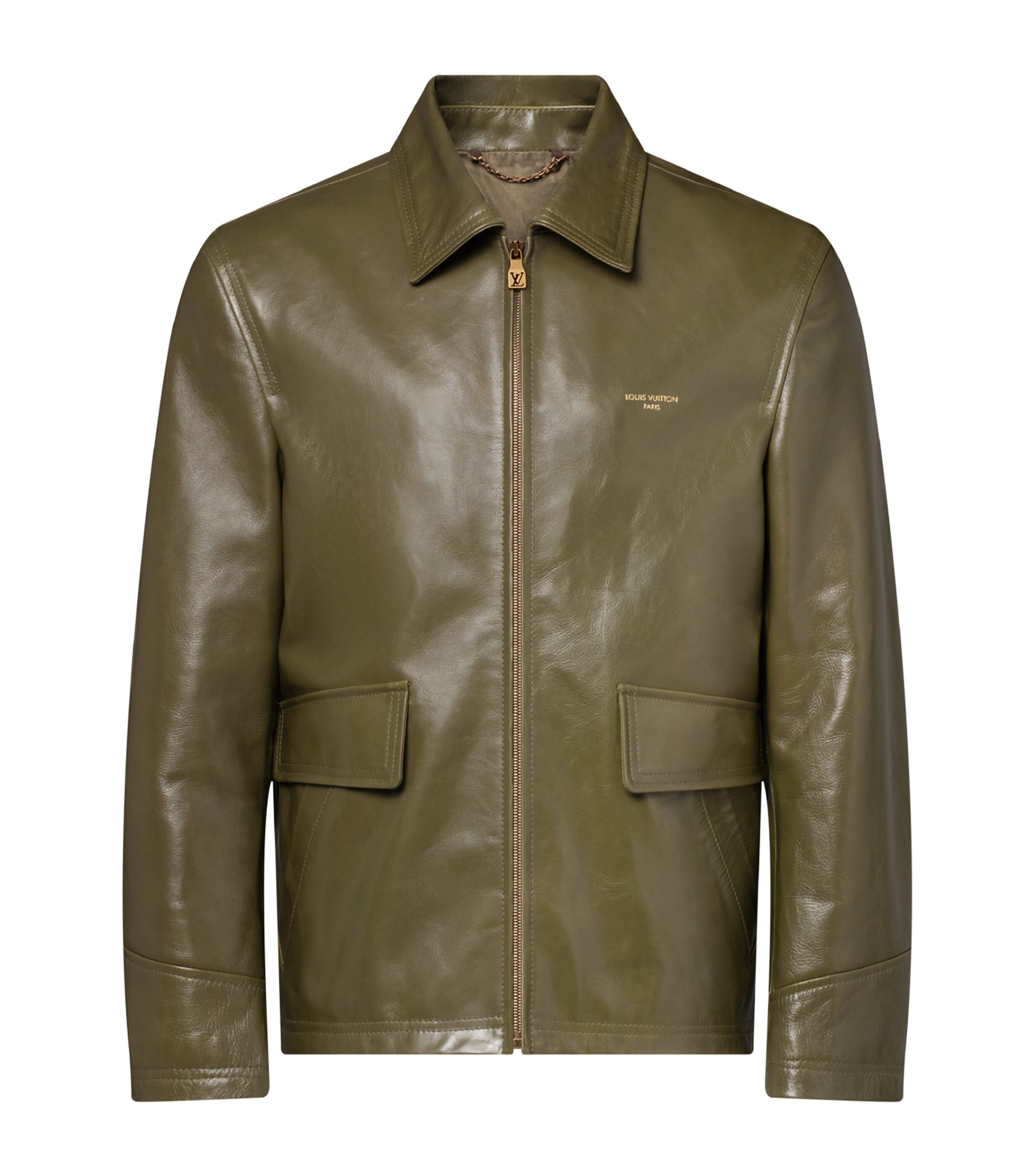 LOUIS VUITTON Mens Logo Boxy Leather Jacket Deep Lichen Green Image 1