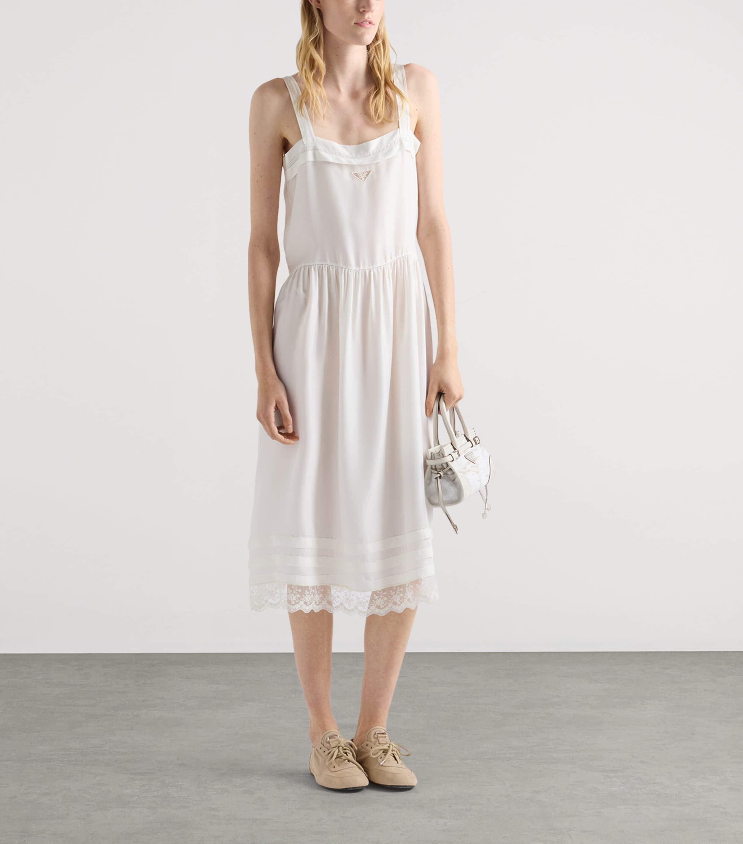 Prada Womens Cupro-Silk Embroidered Midi Dress Neutral Image 2
