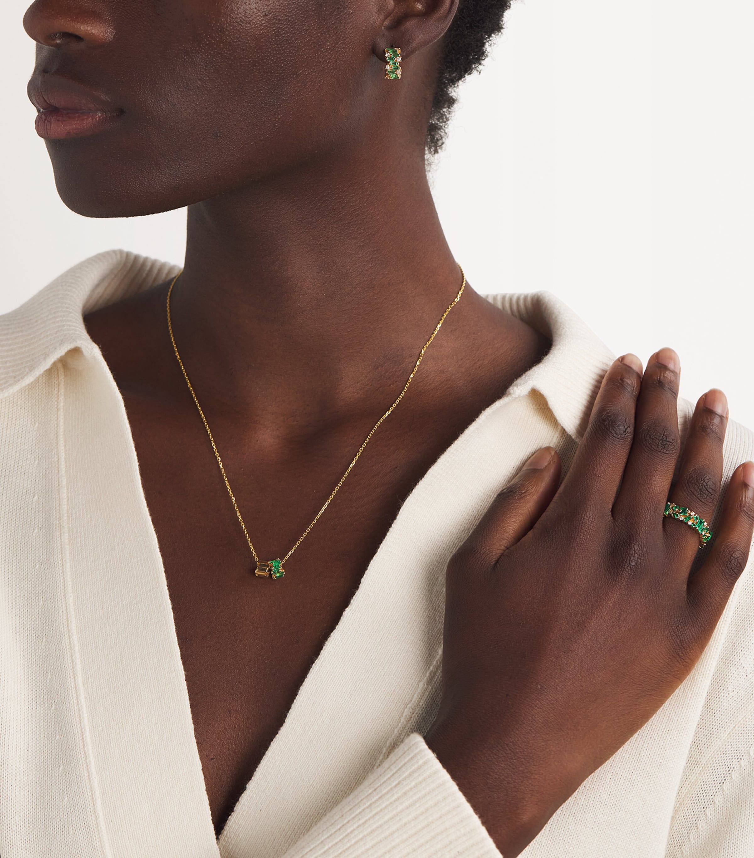 Yellow Gold, Emerald and Diamond Shimmer Hoop Earrings 18K YG/EMER Image 5