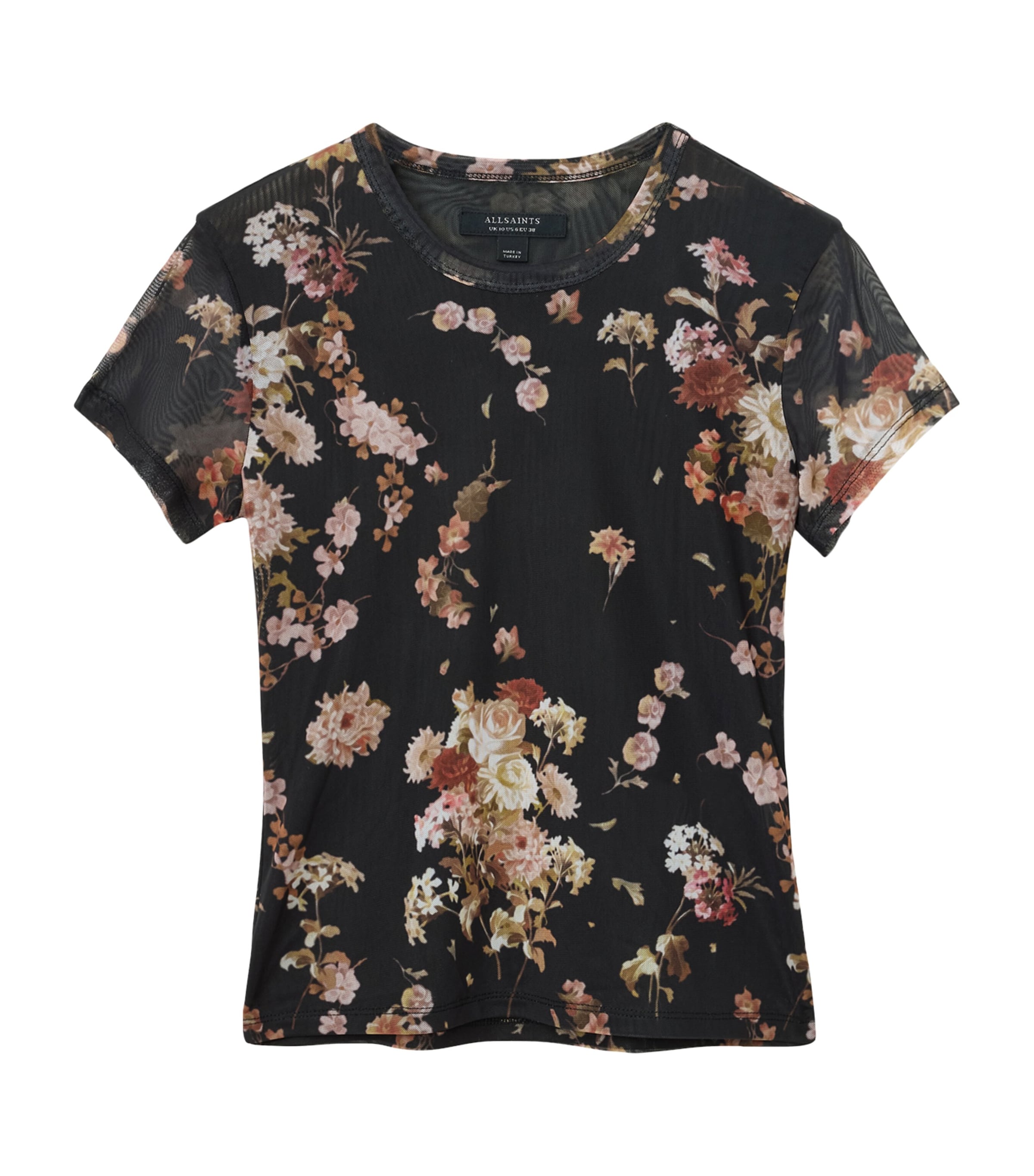 Allsaints Womens Armada Black Ellie Round-neck Floral-print Stretch-mesh T-shirt In Black