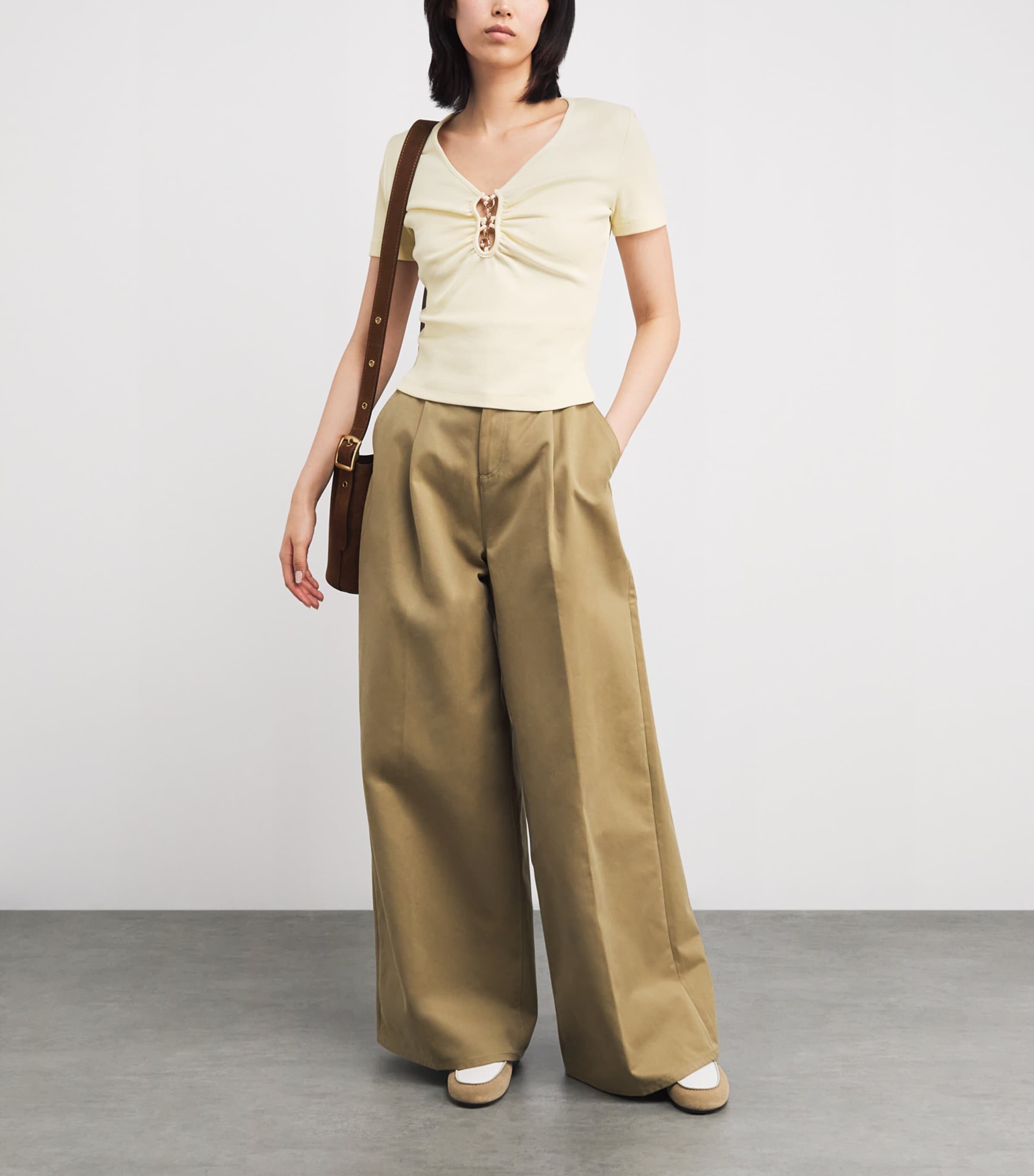 Sandro Paris Womens Stretch-Cotton Ruched-Detail T-Shirt Ecru Image 2
