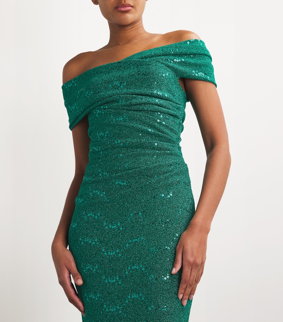Talbot Runhof Green Ruched Off-The-Shoulder Gown | Harrods US Talbot Runhof Green Ruched Off-The-Shoulder Gown | Harrods US