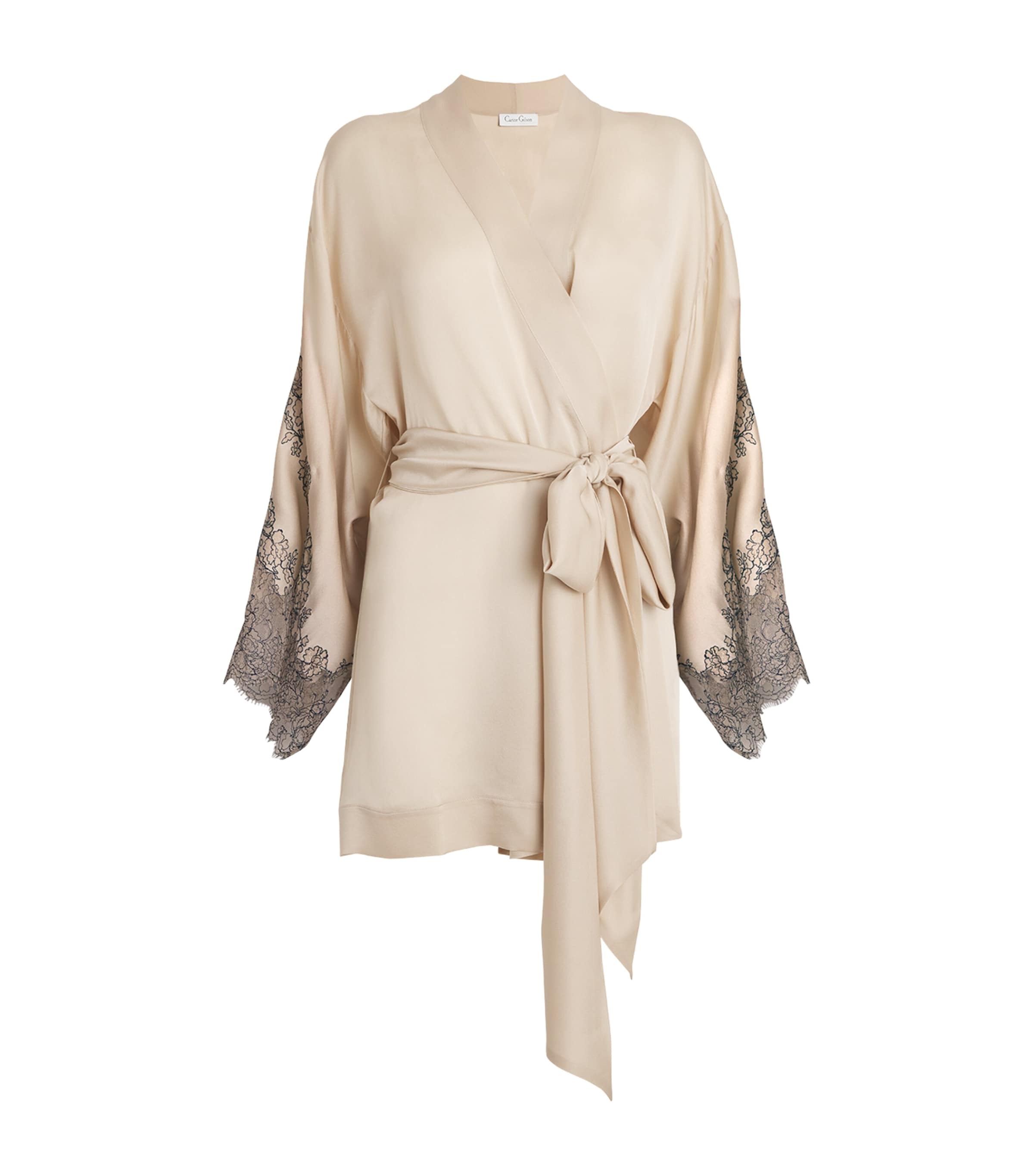 Shop Carine Gilson Silk Lace-detail Short Robe In Beige