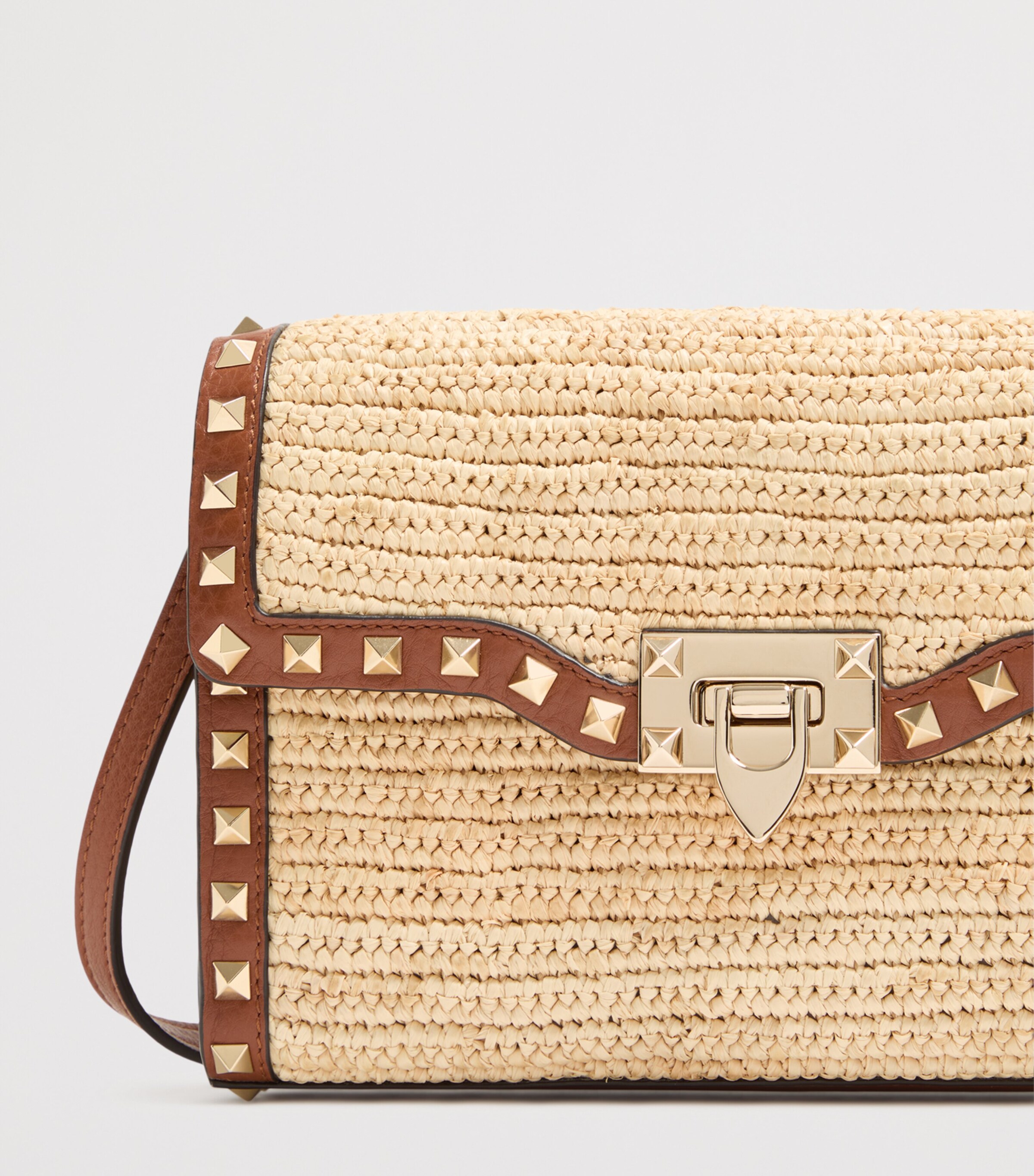Valentino Garavani Small Leather-Raffia Rockstud Shoulder Bag Image 7