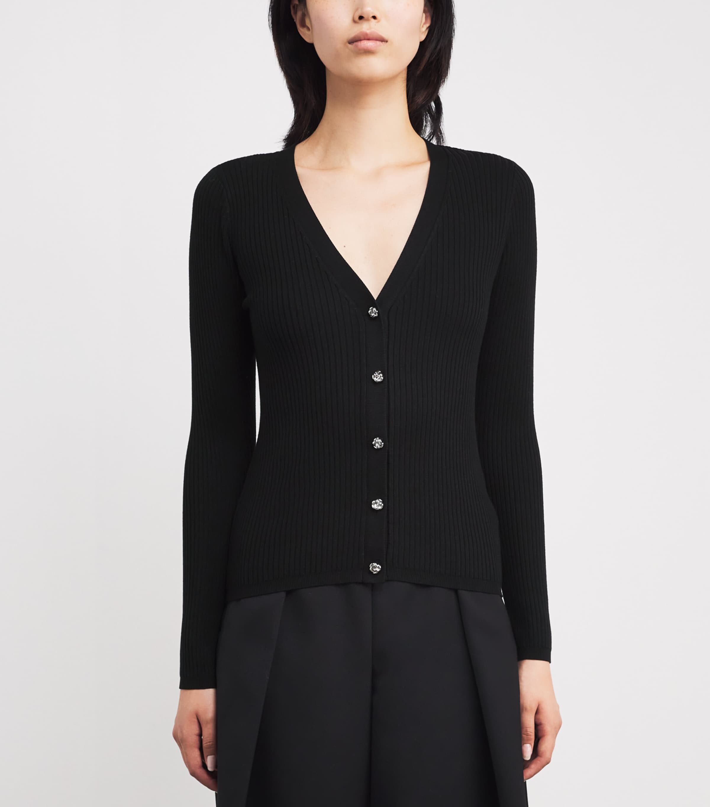 Rib-Knit V-Neck Cardigan BLACK Image 3