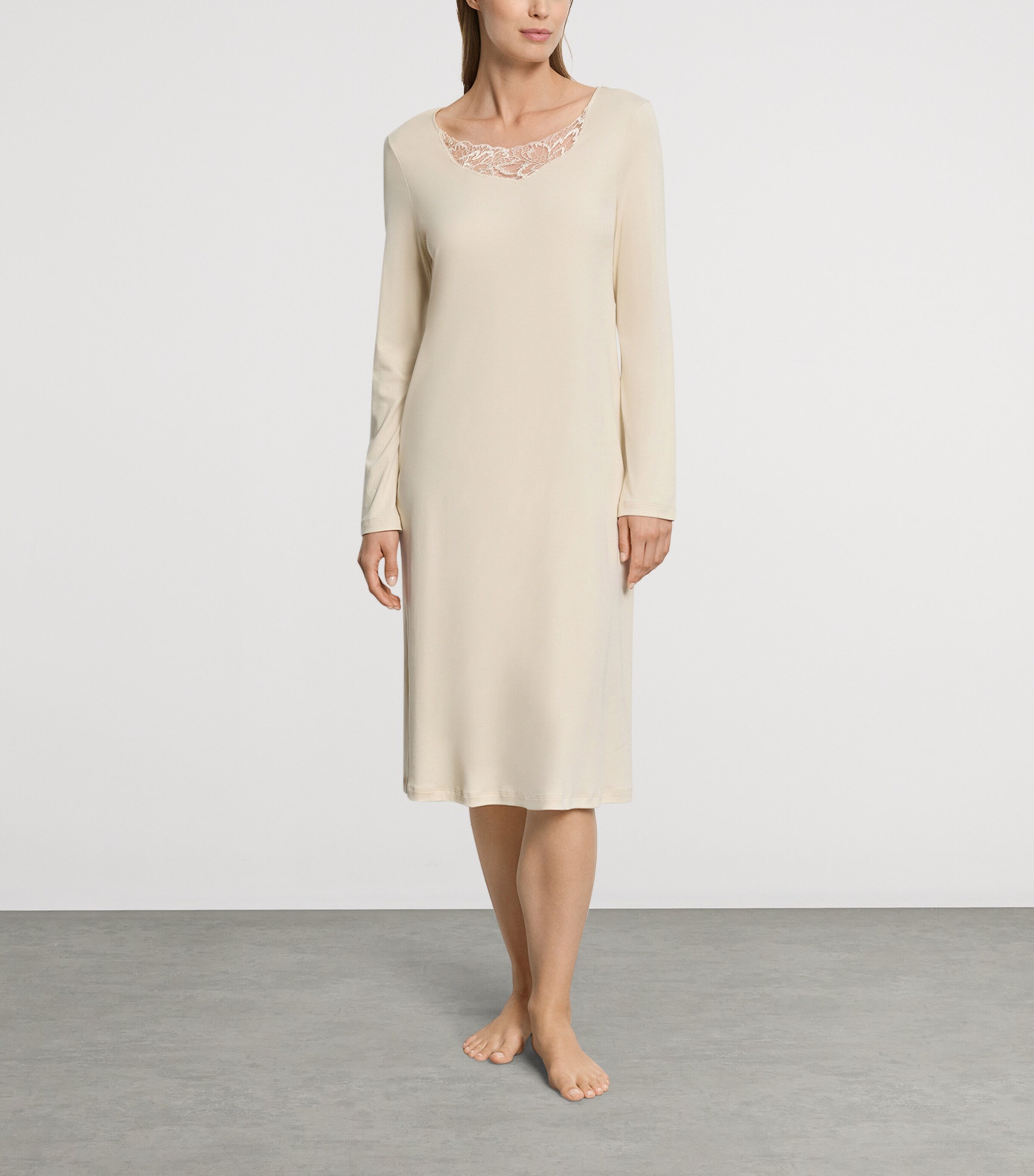 Hanro Womens Cotton Long-Sleeve Belen Nightdress Summer Sand Image 2