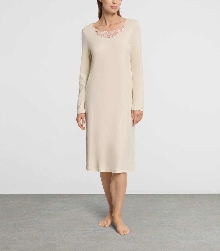 Hanro Womens Cotton Long-Sleeve Belen Nightdress Summer Sand Image 2
