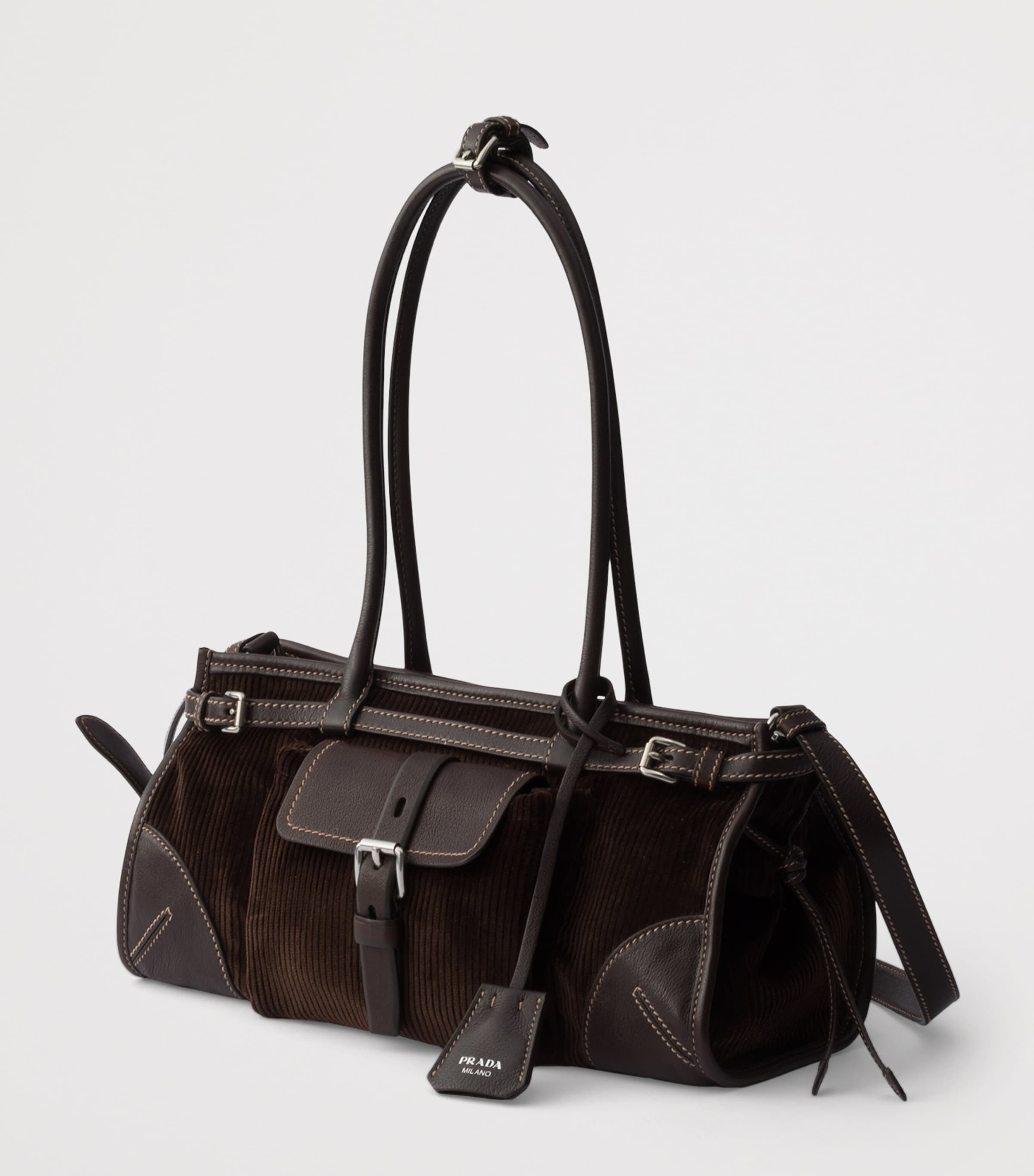 Prada Womens Medium Bonnie Corduroy and Leather Top-Handle Bag Brown Image 3