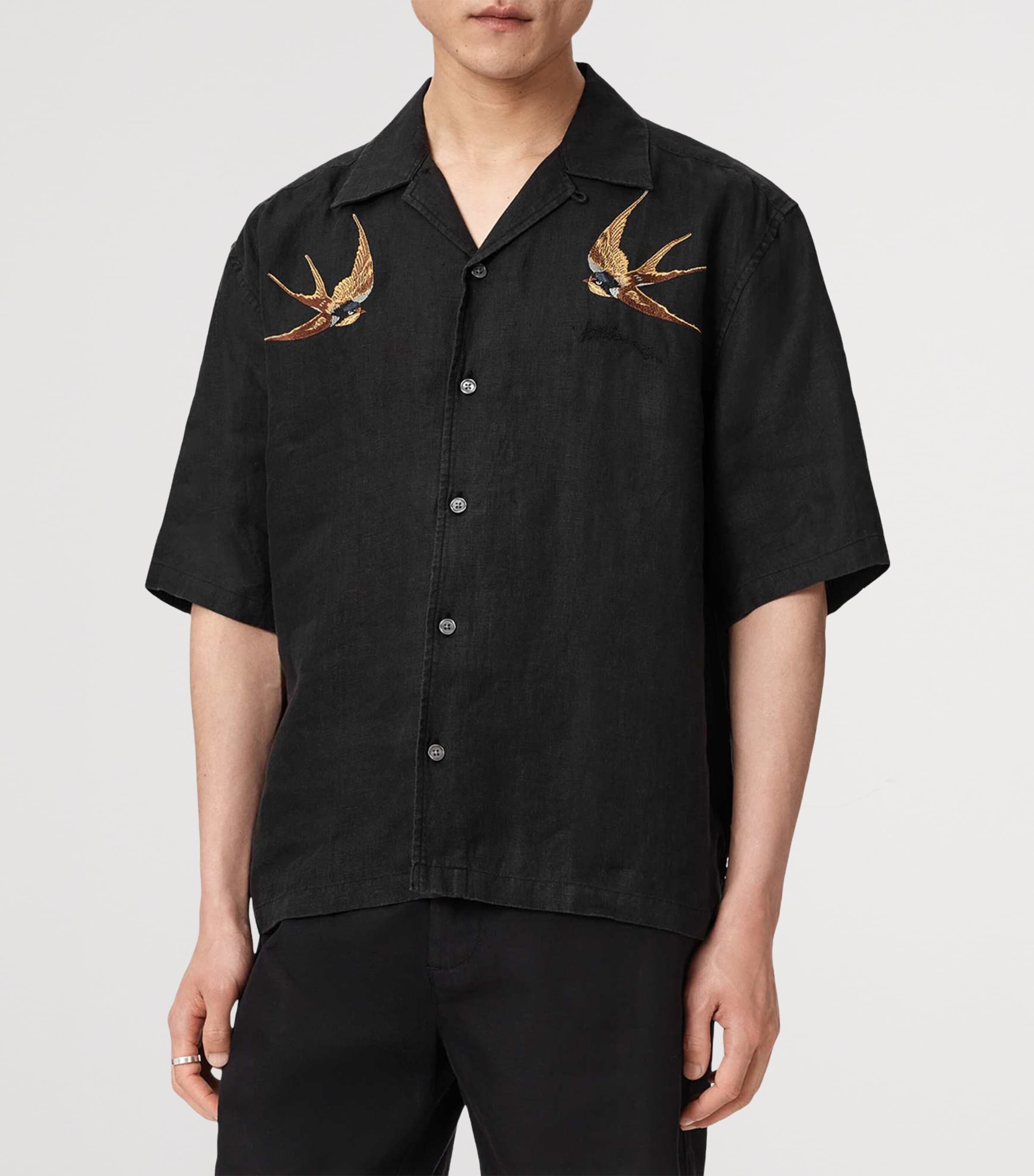 AllSaints Mens Linen Embroidered Avia Shirt Orca Black Image 3