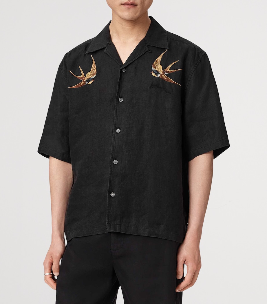 AllSaints Mens Linen Embroidered Avia Shirt Orca Black Image 3