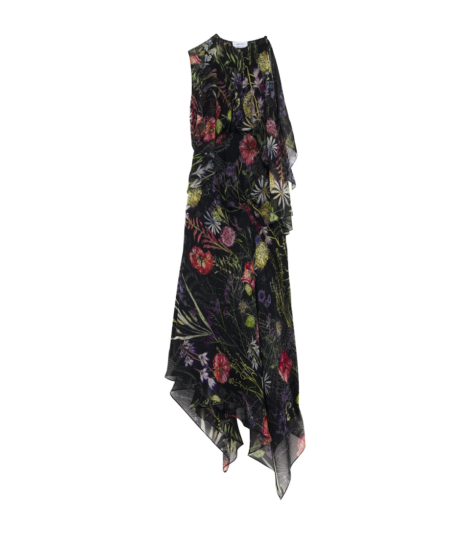 McQueen Silk Floral Asymmetric Maxi Dress