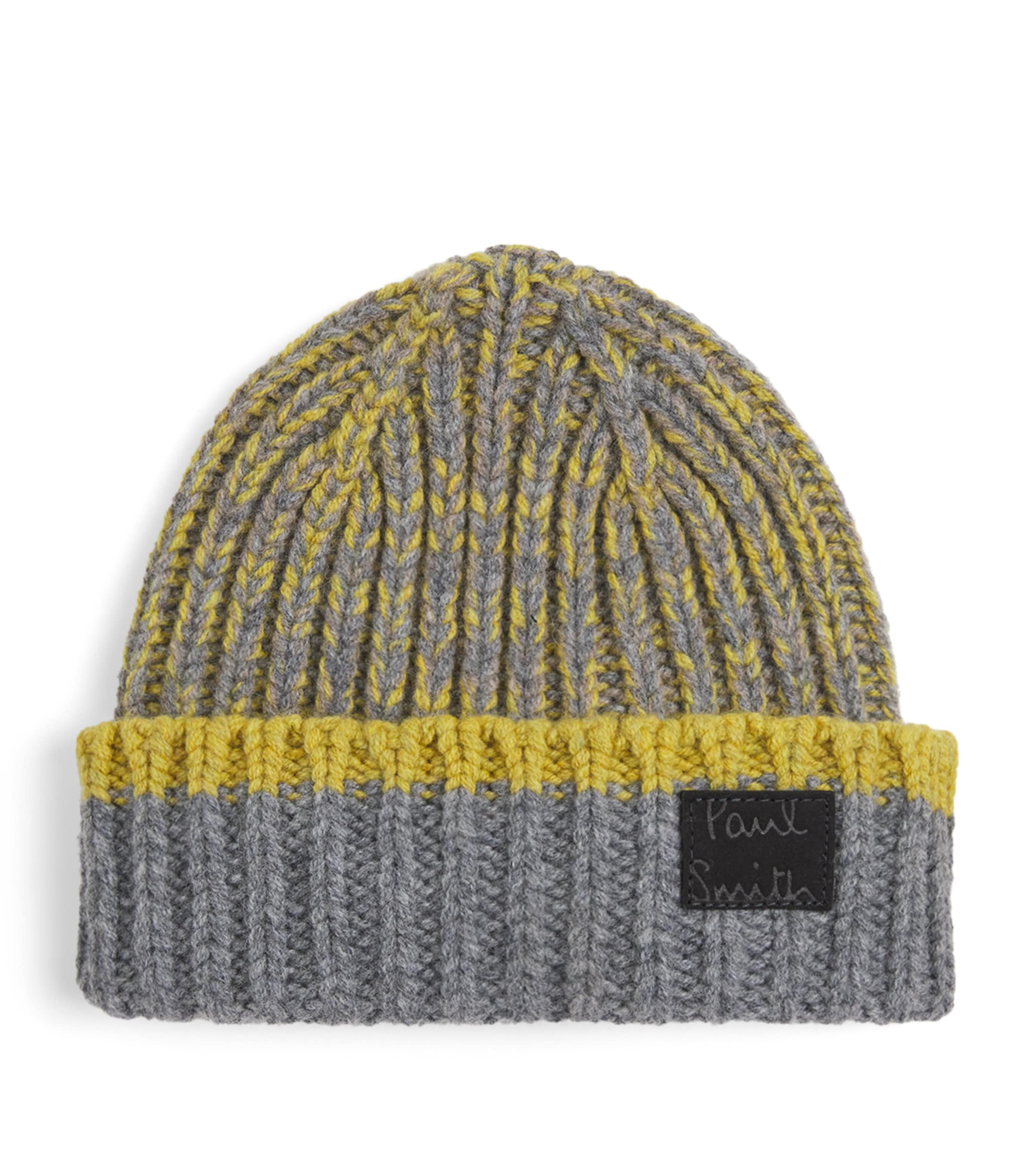 Paul Smith Lambswool Grey And Yellow Chunky Rib Beanie In Brown