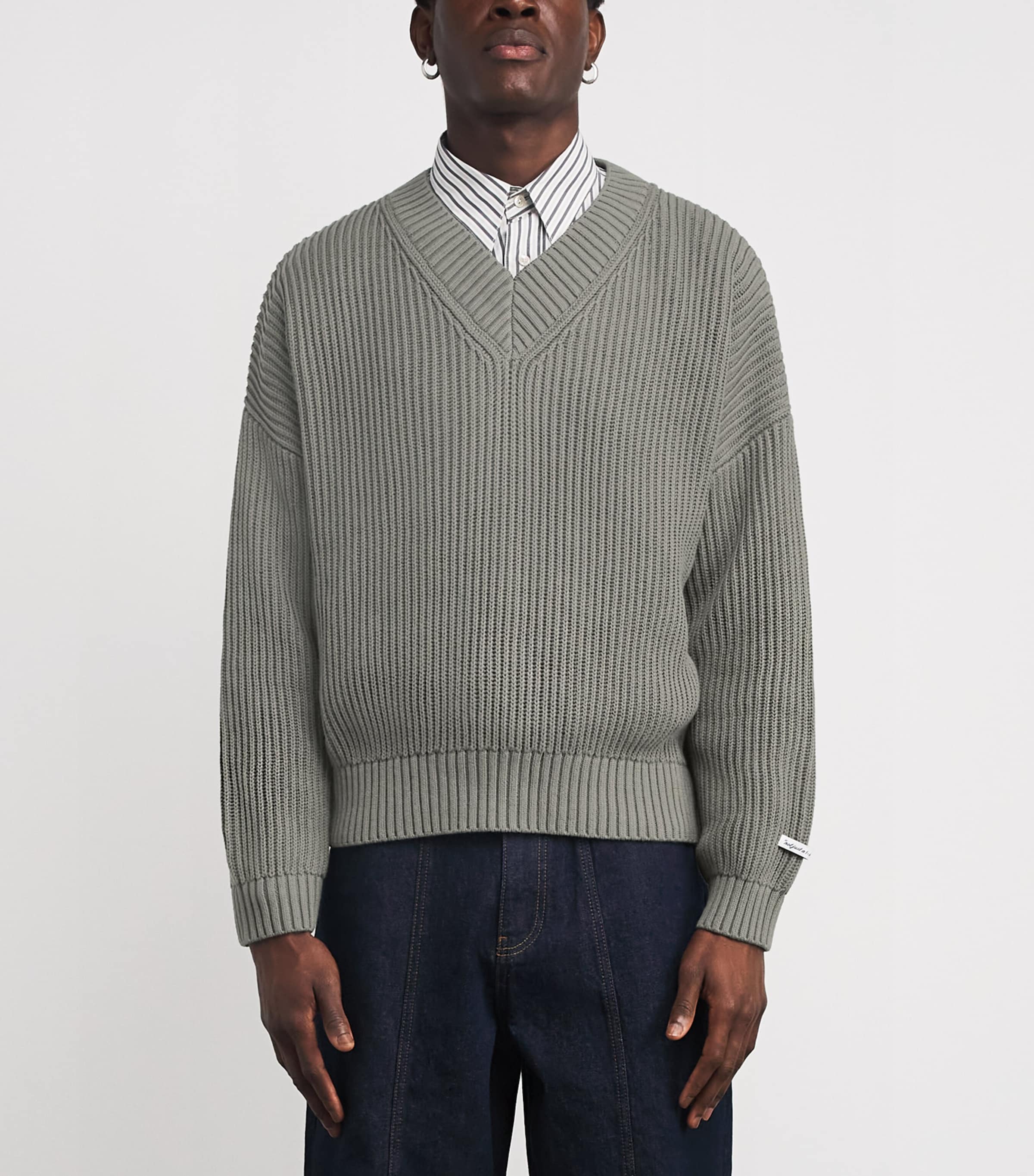 Cotton Rib-Knit V-Neck Sweater SAGE Image 3