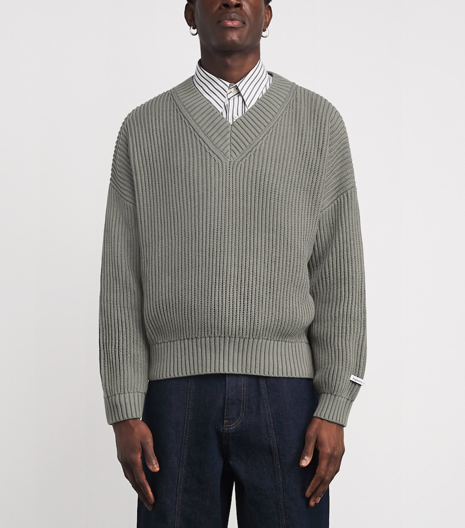 Cotton Rib-Knit V-Neck Sweater SAGE Image 3