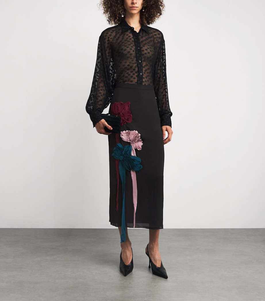 Silk-Blend Georgette Appliqué Midi Skirt BLACK Image 2