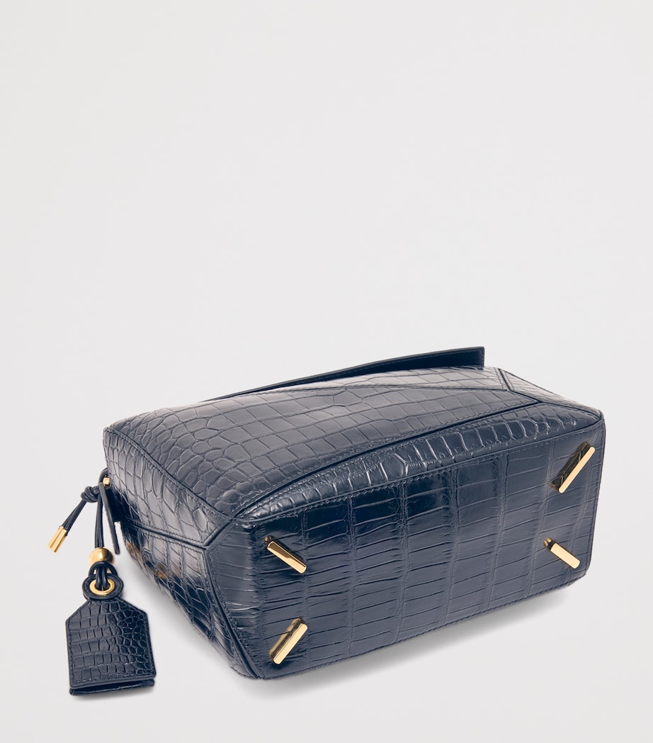 Small Crocodile Skin Puzzle Top-Handle Bag NAVY Image 8