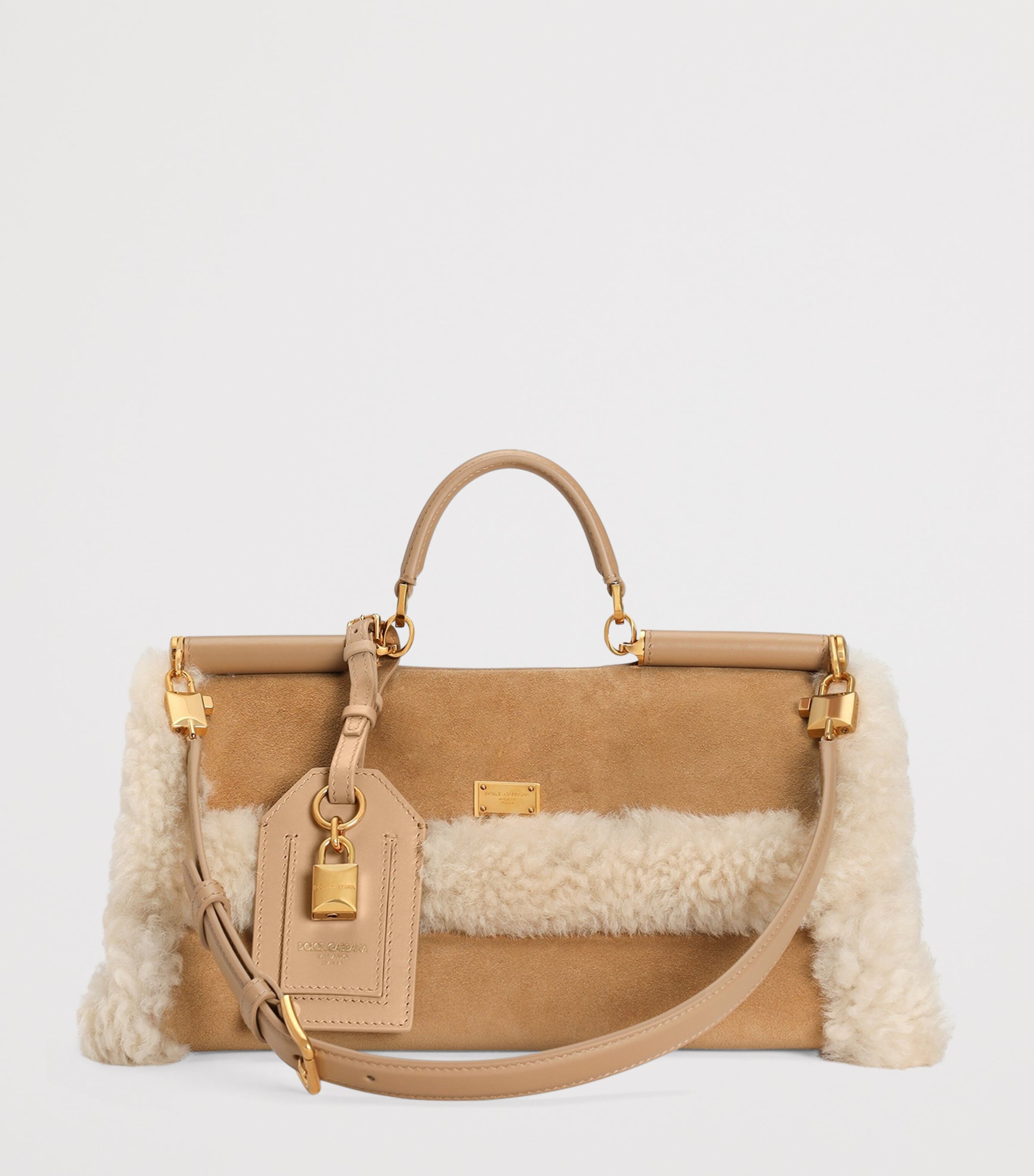 Calfskin Fur-Trim My Sicily Top-Handle Bag 8L798-CAMMELLO/NUDO Image 2