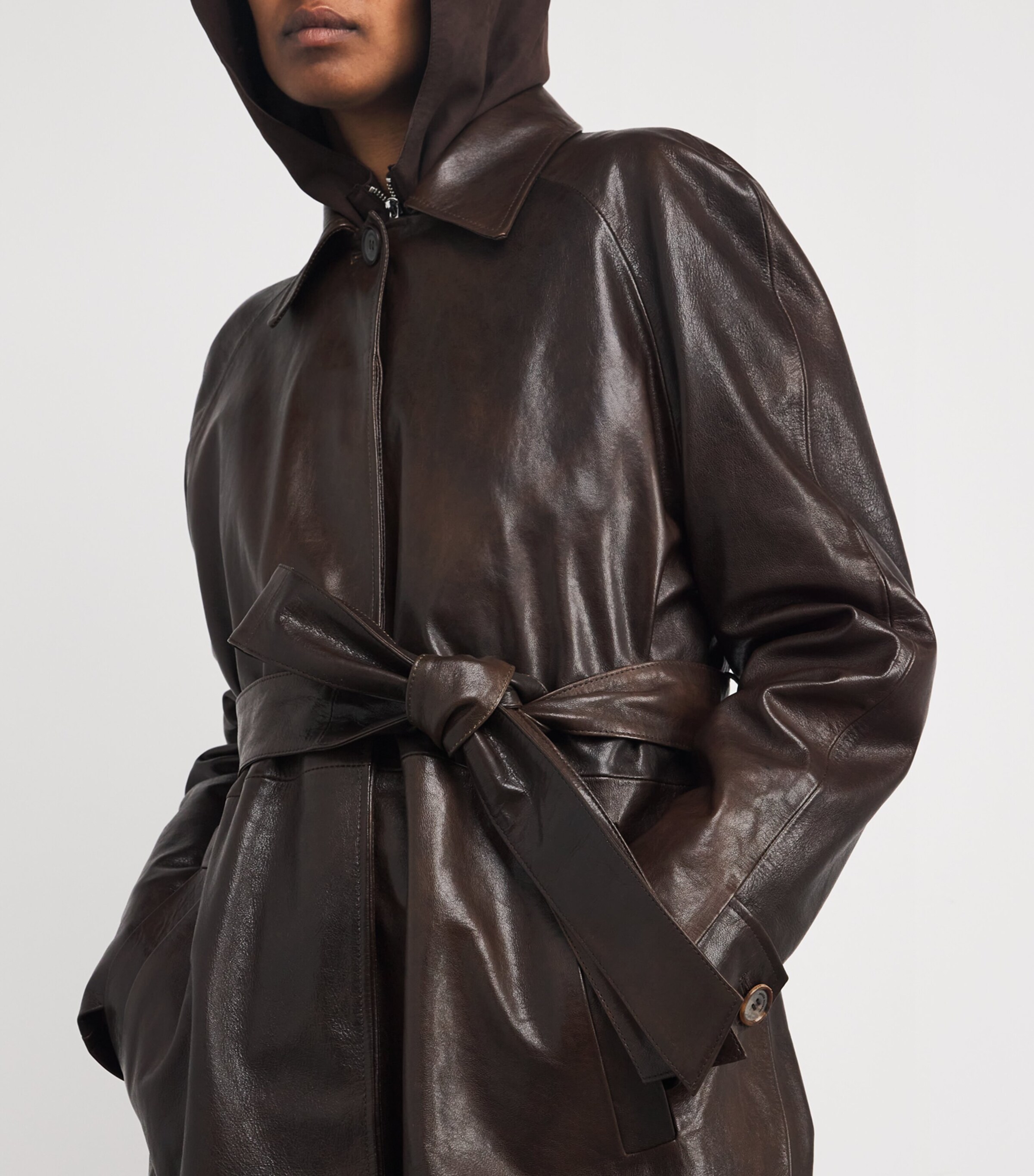 Leather Belted Trench Coat BROWN Image 6