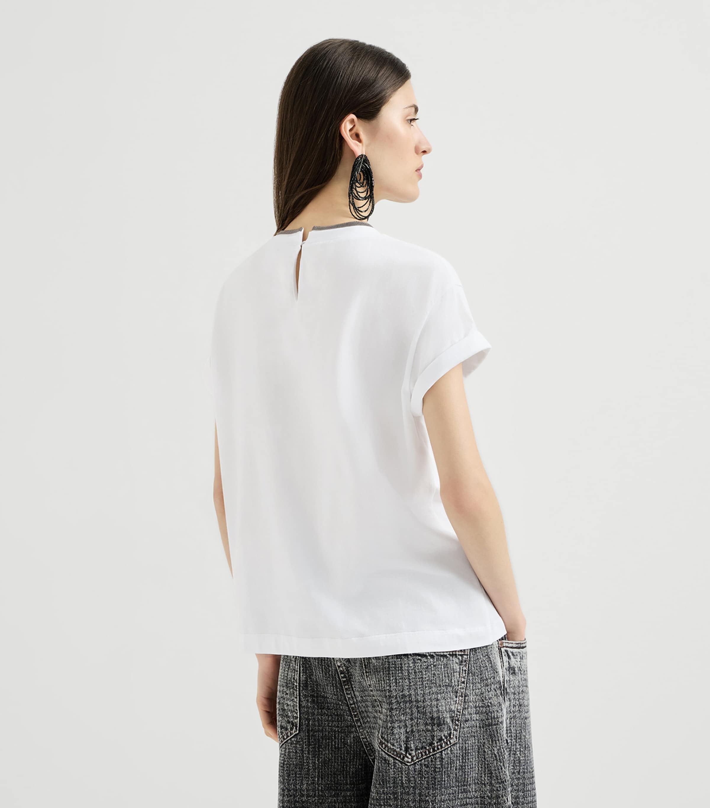 Brunello Cucinelli Womens Stretch-Cotton Monili-Detail T-Shirt White Image 5