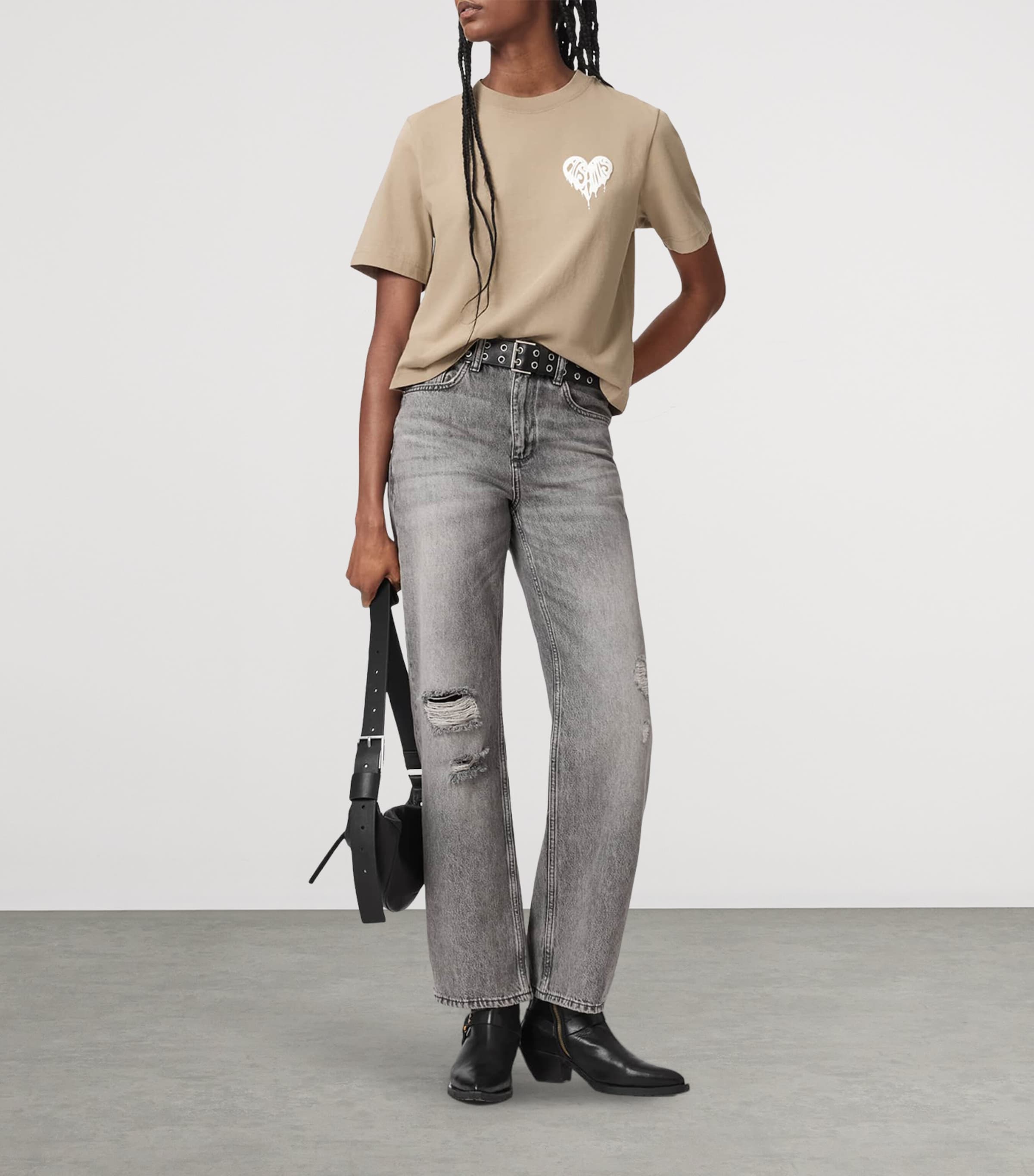 AllSaints Womens Organic Cotton Lisa Trip Logo T-Shirt Shale Grey Image 6