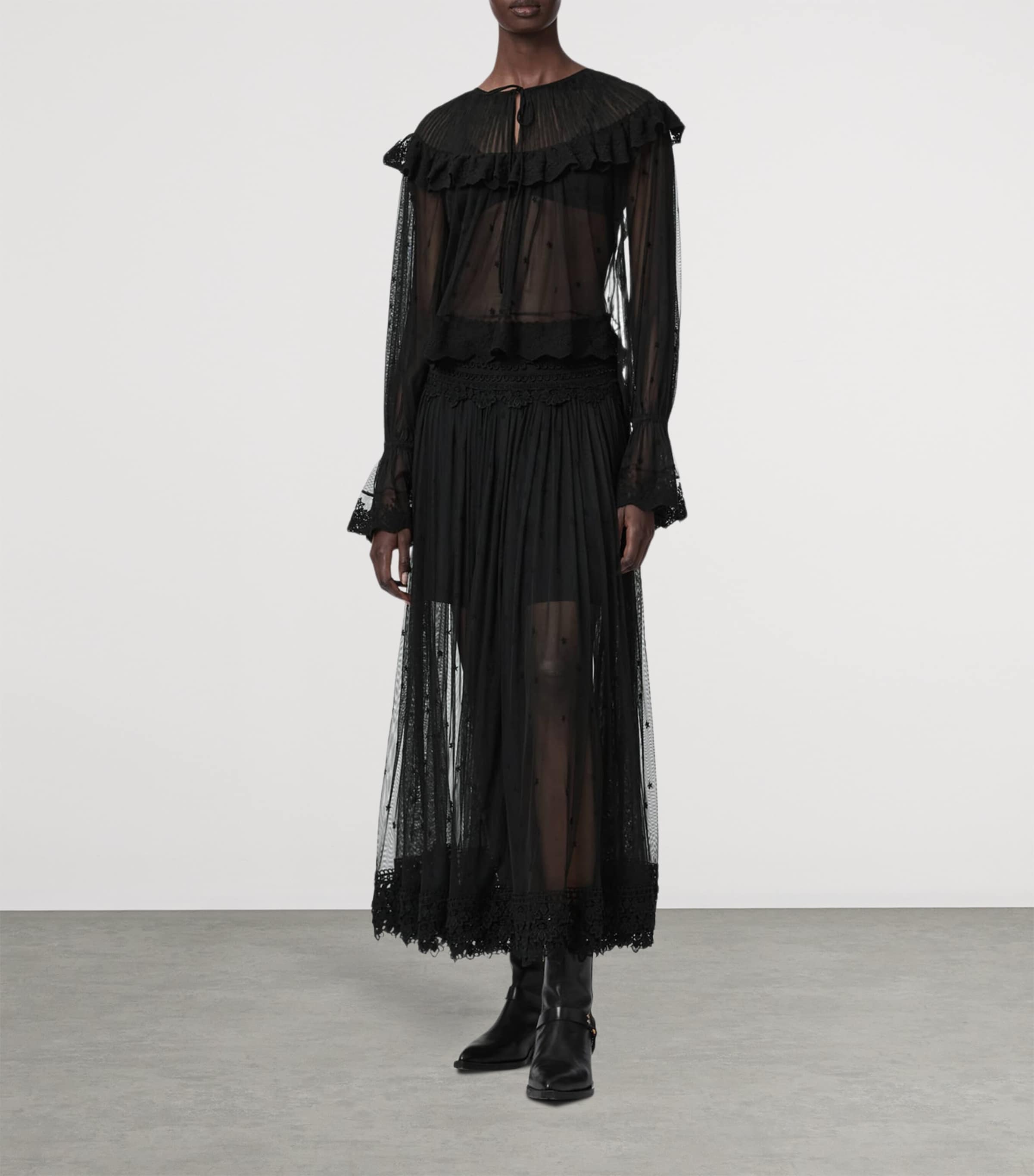 AllSaints Womens Mesh Trixie Blouse Jet Black Image 2