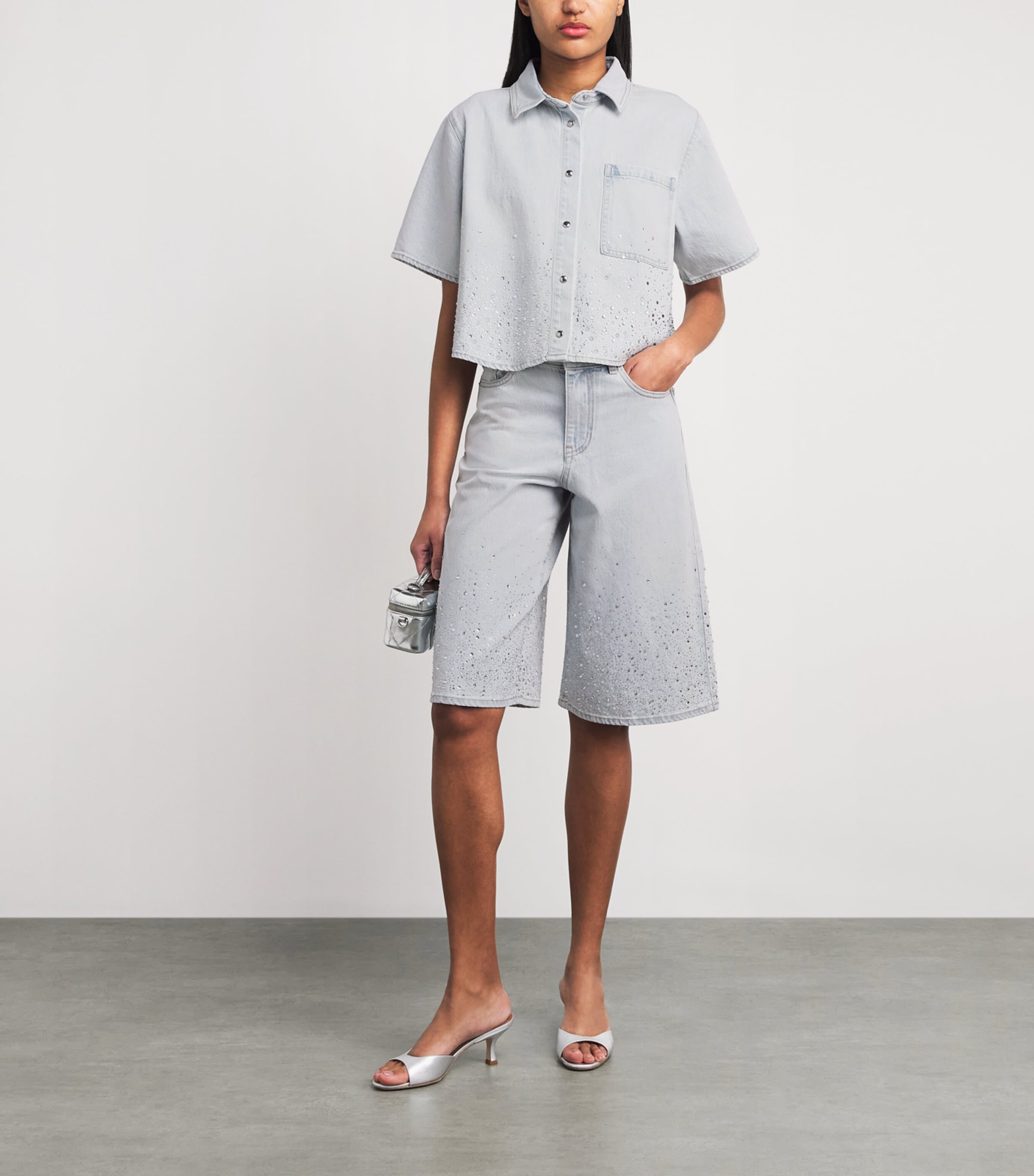 Maje Womens Embellished Denim Bermuda Shorts Blue Sky Image 2