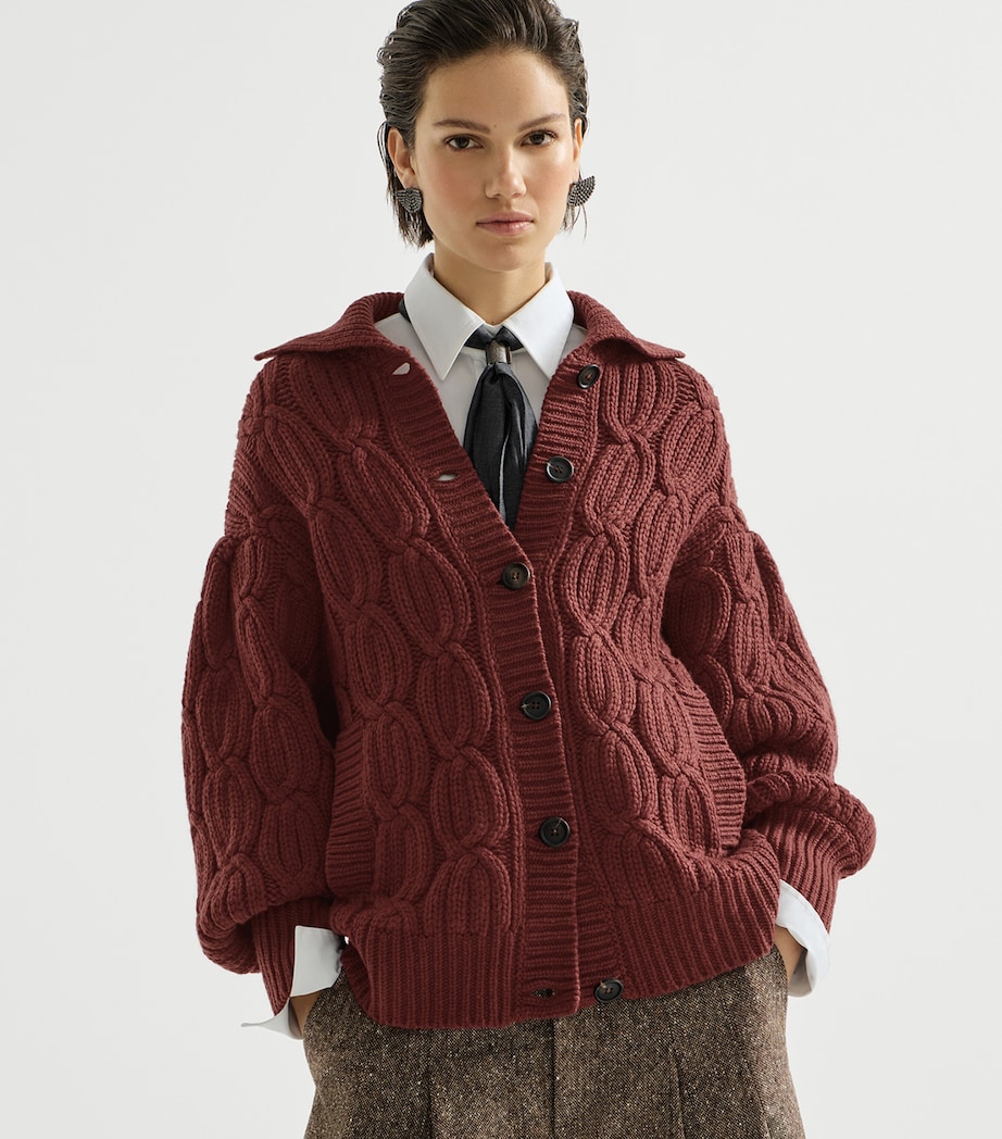 Brunello Cucinelli Womens Cashmere Cable-Knit Heritage Cardigan Red Bean Image 4
