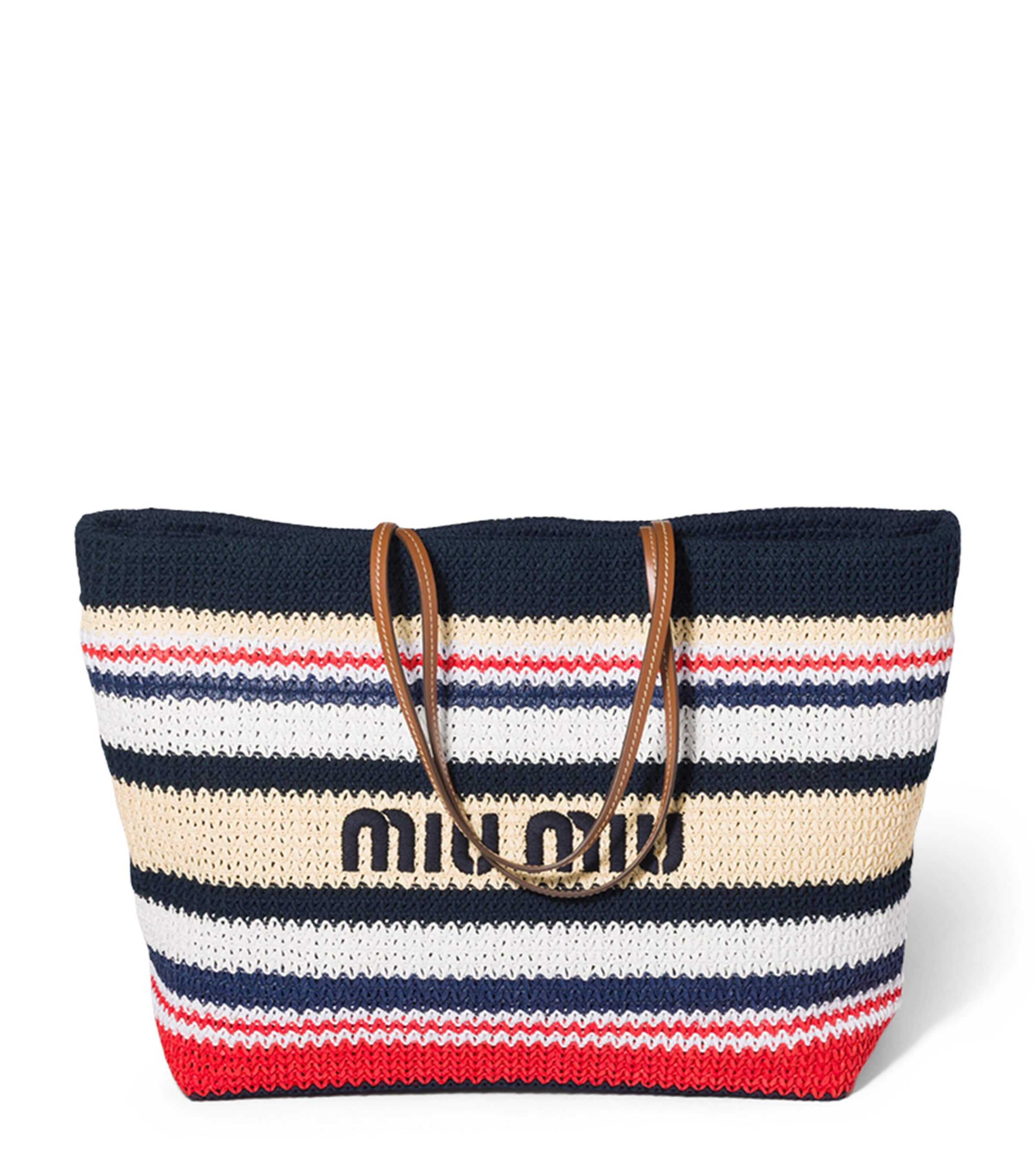 Miu Miu Woven Raffia-Effect Tote Bag Blue Image 1
