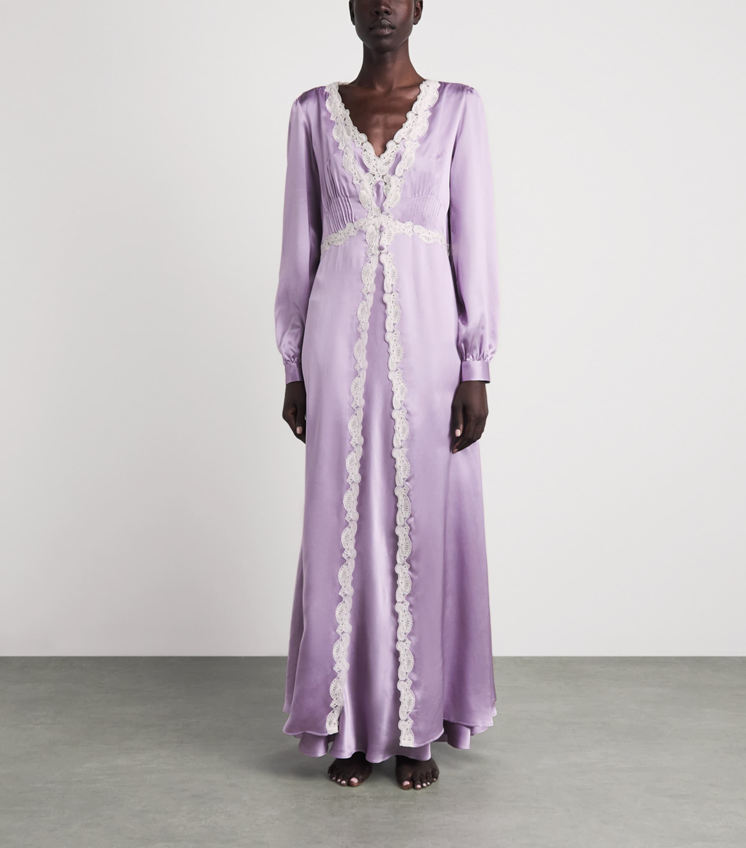 Loretta Caponi Womens Silk-Lace Pucci Long Robe Lilac Image 4