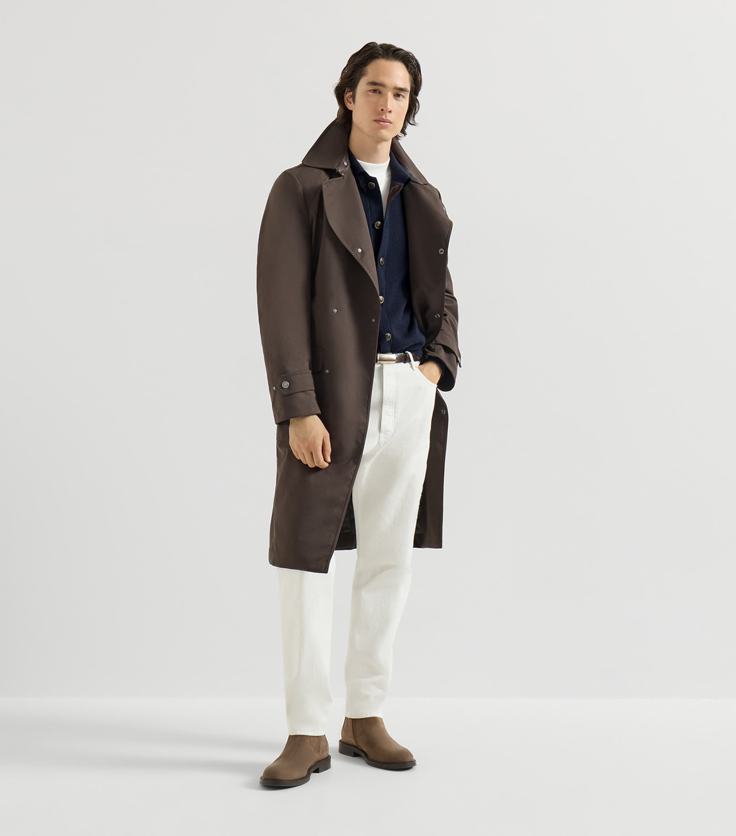 Brunello Cucinelli Mens Cashmere Suede-Trim Cardigan Navy Image 3