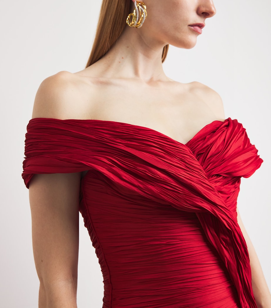 Marmar Halim Womens Chiffon Off-The-Shoulder Gown Red Image 5