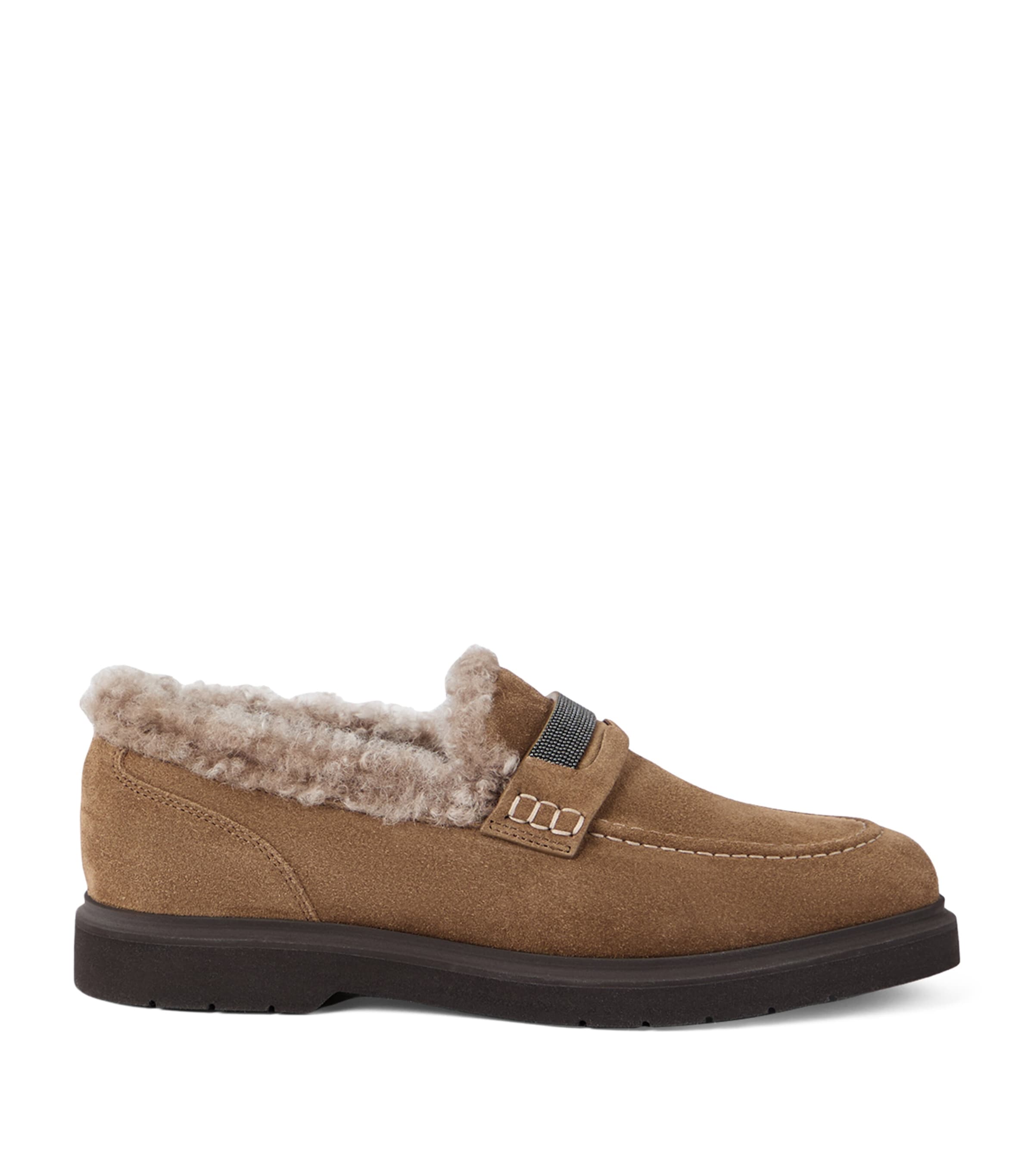 Brunello Cucinelli Suede Shearling-lined Penny Loafers In Brown
