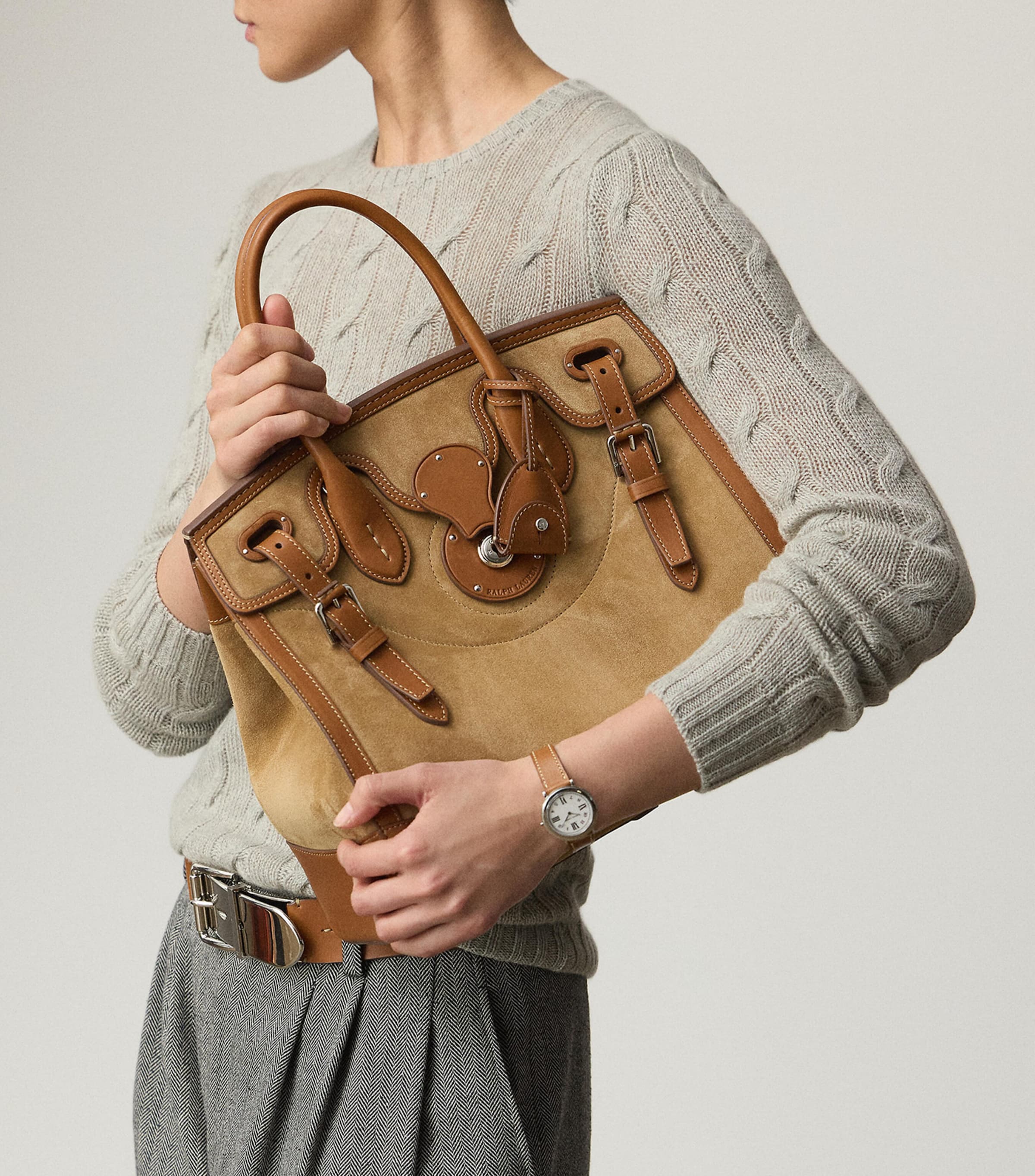 Ralph Lauren Collection Suede Soft Ricky 33 Top-Handle Bag Dark Tan Image 5