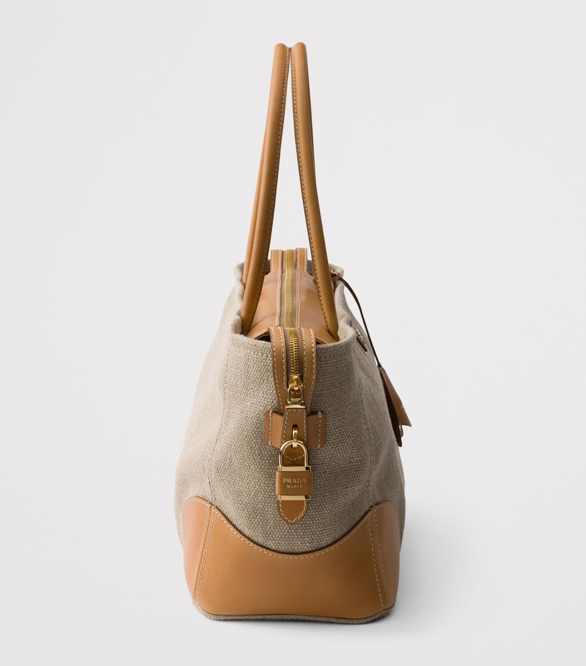 Prada Large Linen-Leather Tote Bag Neutral Image 5