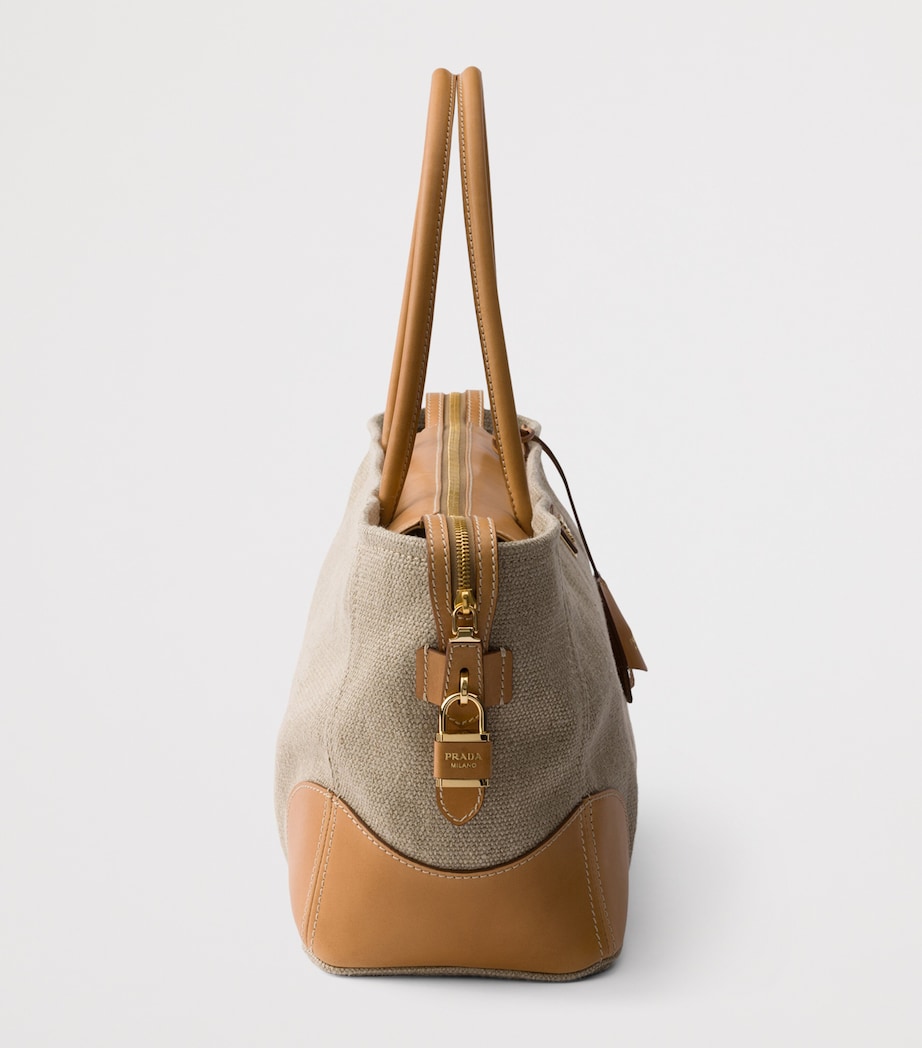 Prada Large Linen-Leather Tote Bag Neutral Image 5