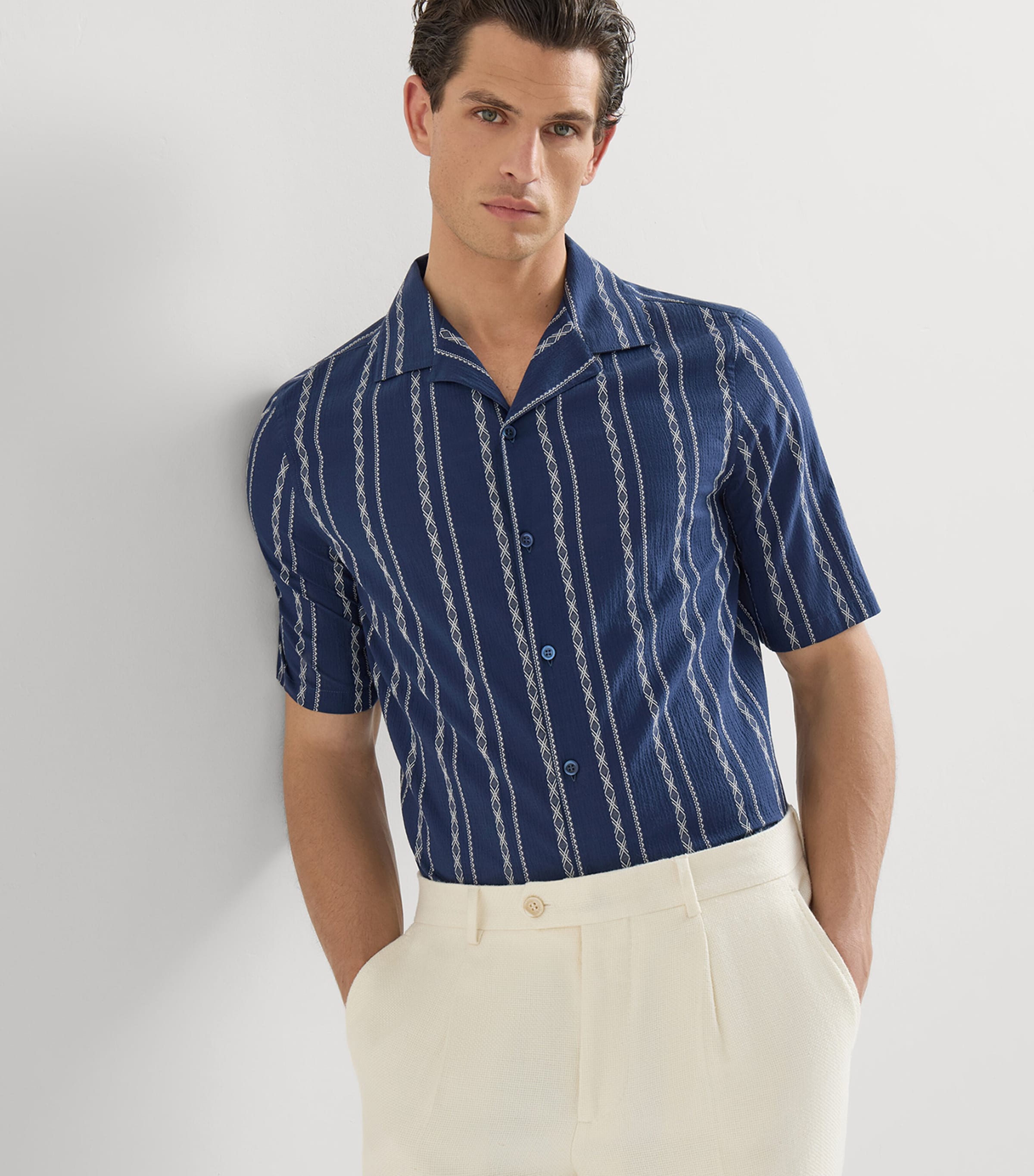 Brunello Cucinelli Mens Stretch-Cotton Stripe Short-Sleeve Shirt Image 4