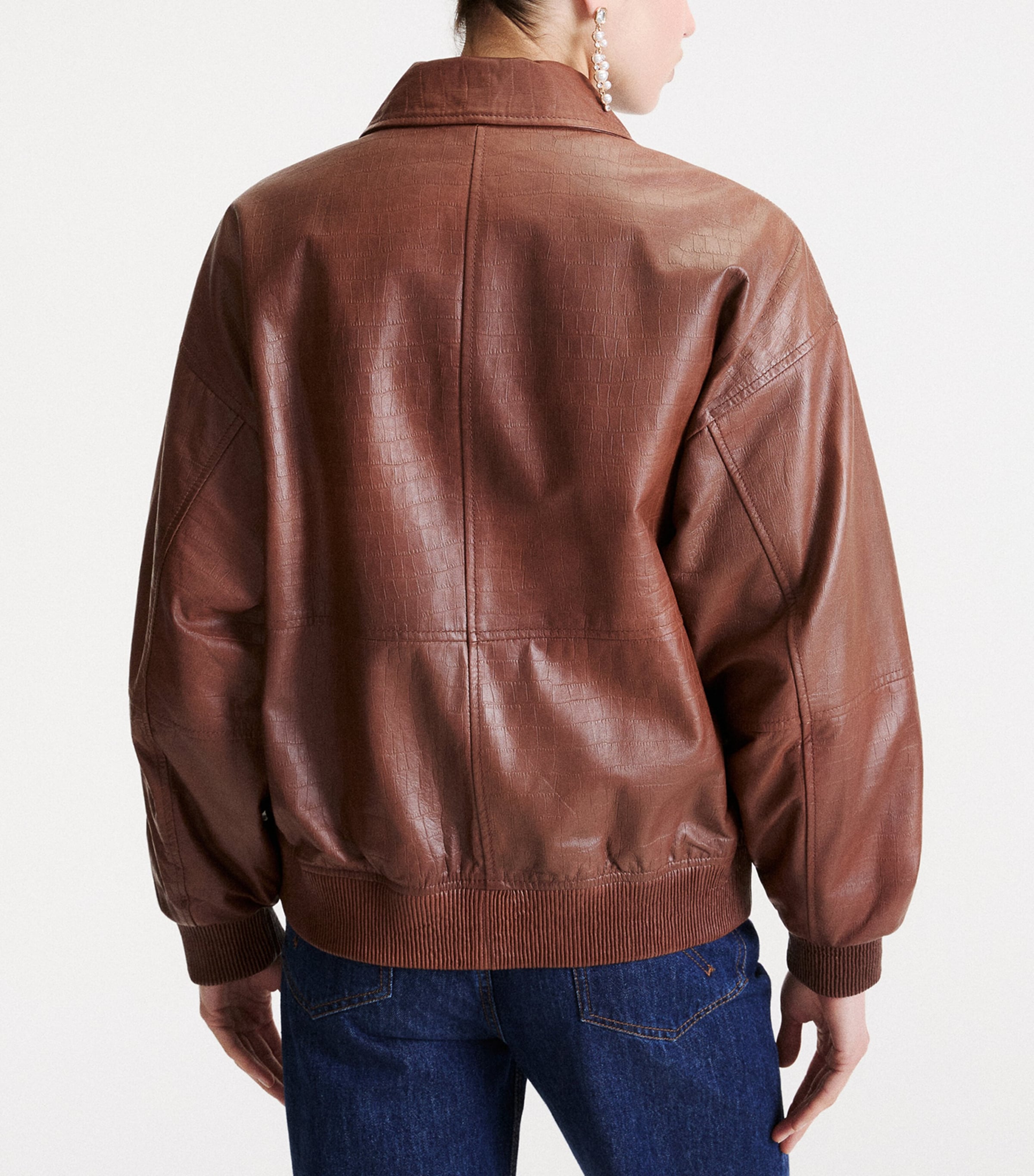 Marella Womens Croc-Embossed Leather Bomber Jacket Brown Image 3